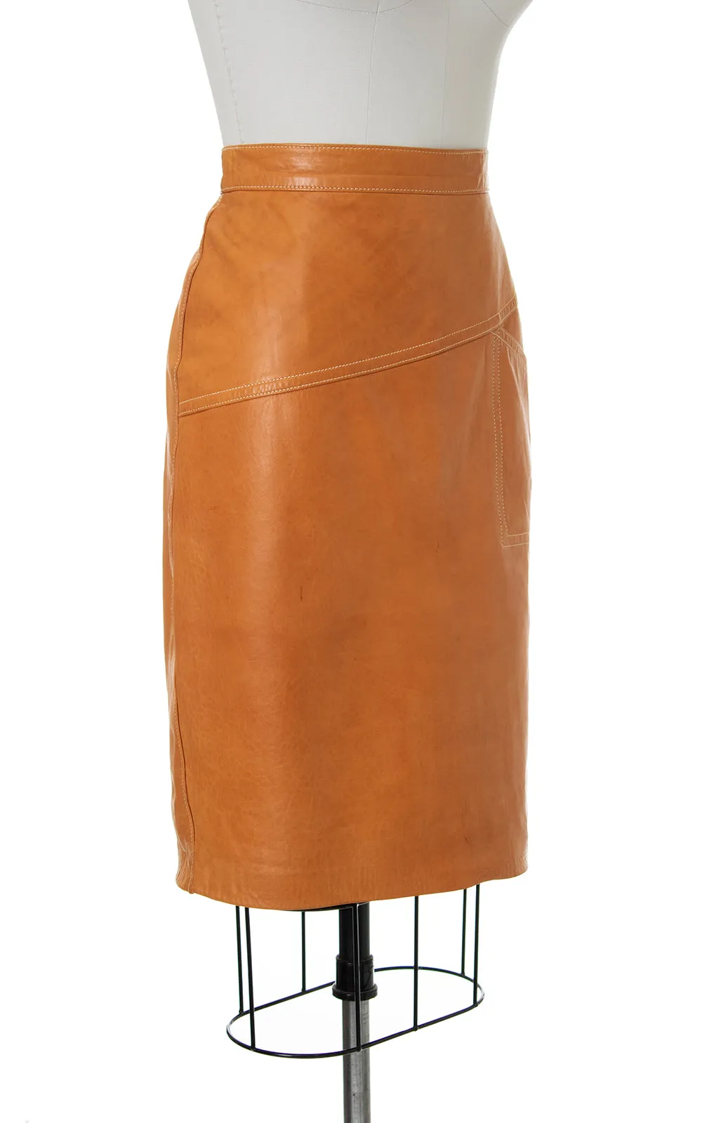 1980s ESCADA Buttery Brown Leather Pencil Skirt with Pocket | medium
