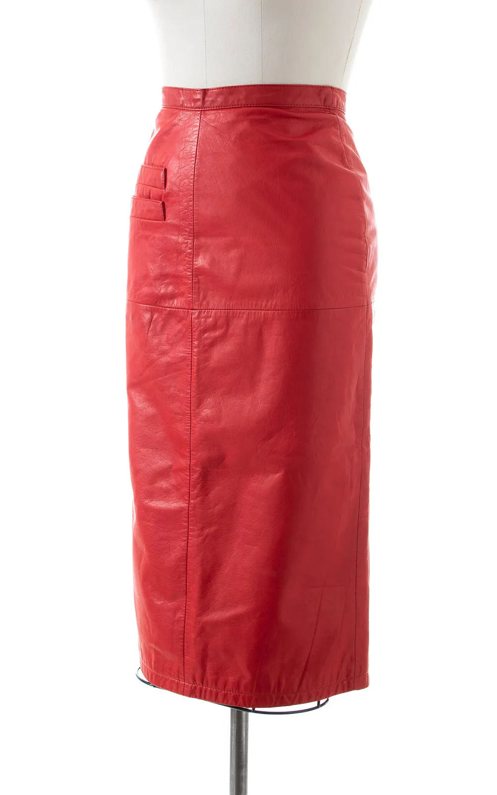 1980s TANNERY WEST Red Leather Pencil Skirt | x-small