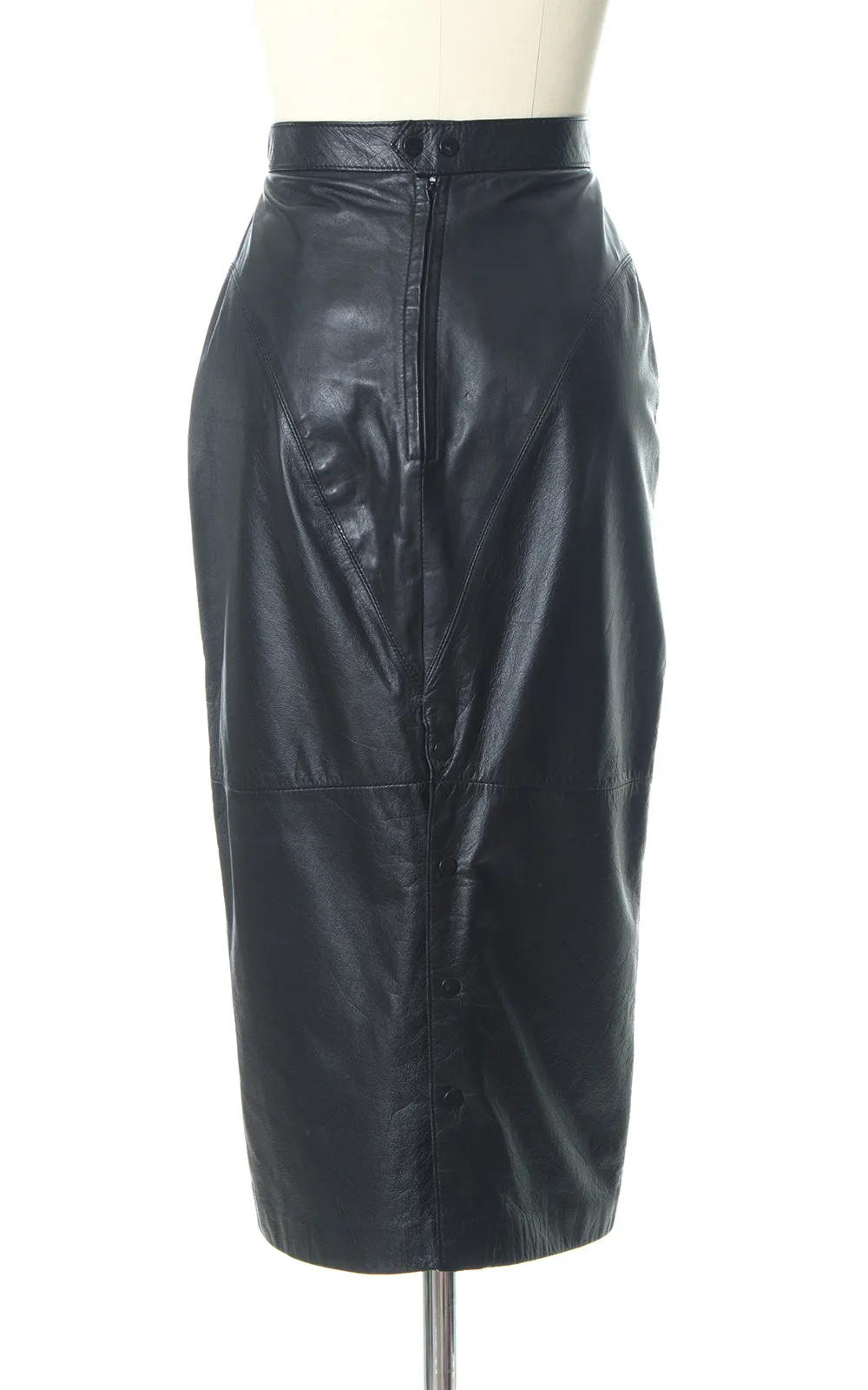 1980s Wilsons Black Leather Snap Slit Pencil Skirt | small