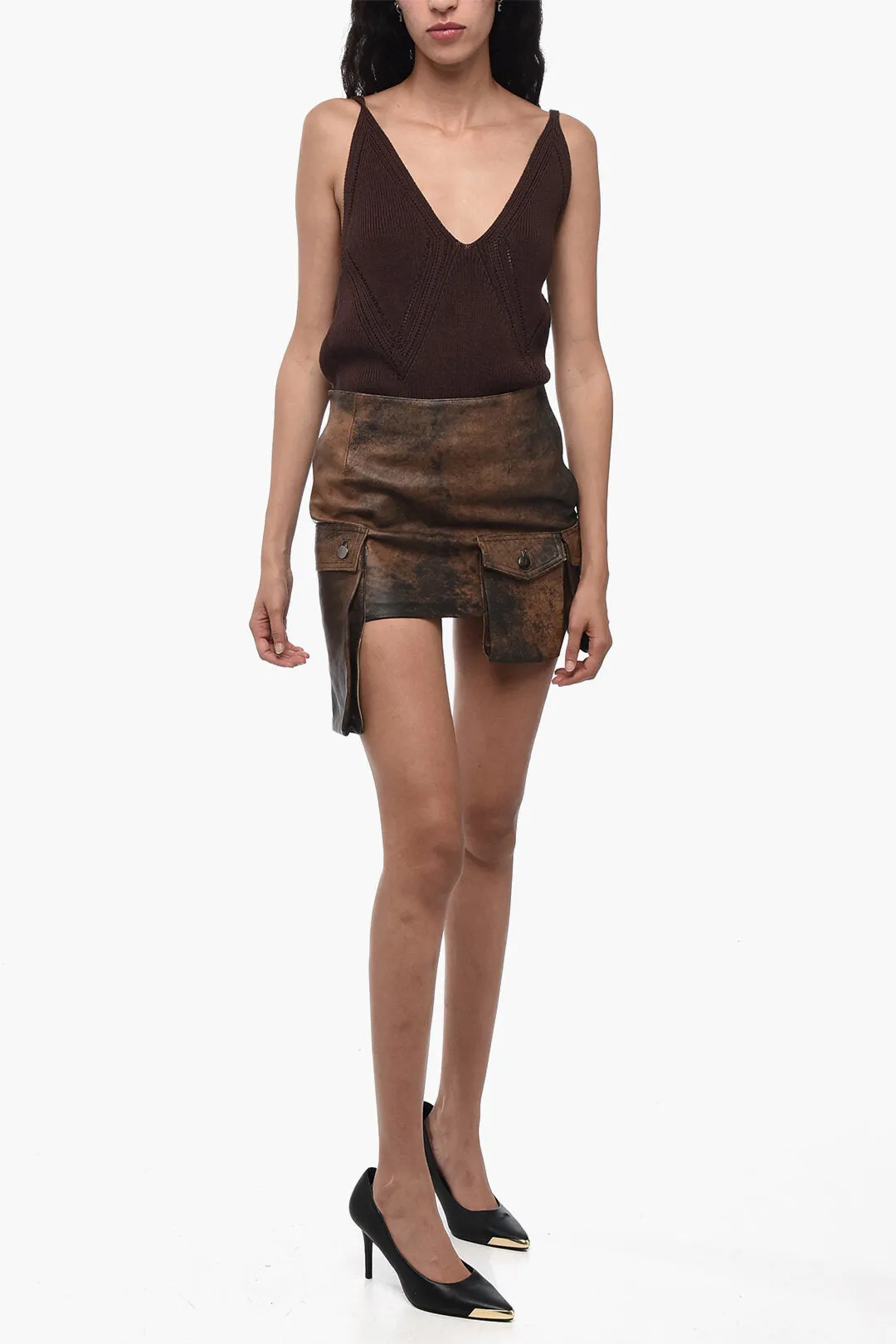 BAIA Leather Cargo Miniskirt with Asymmetric Pockets 38 Italian size