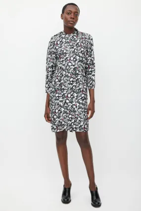 Black & Multicolour Floral Silk Draped Dress