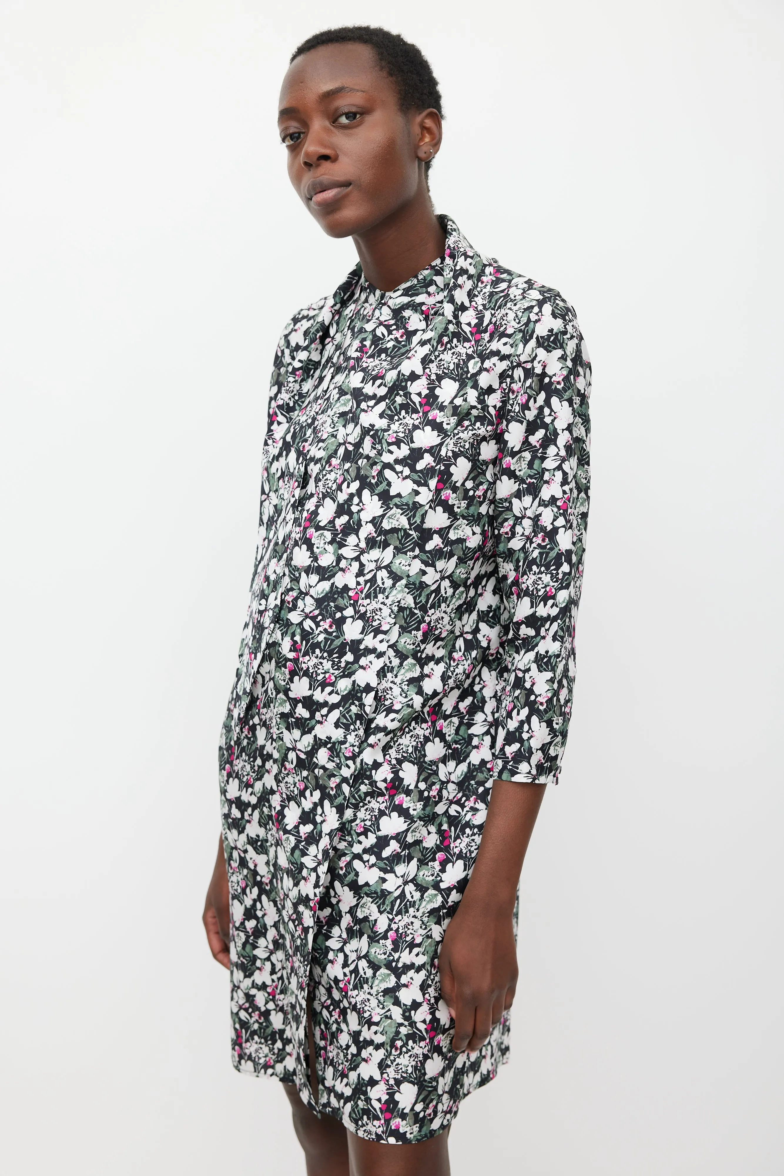 Black & Multicolour Floral Silk Draped Dress