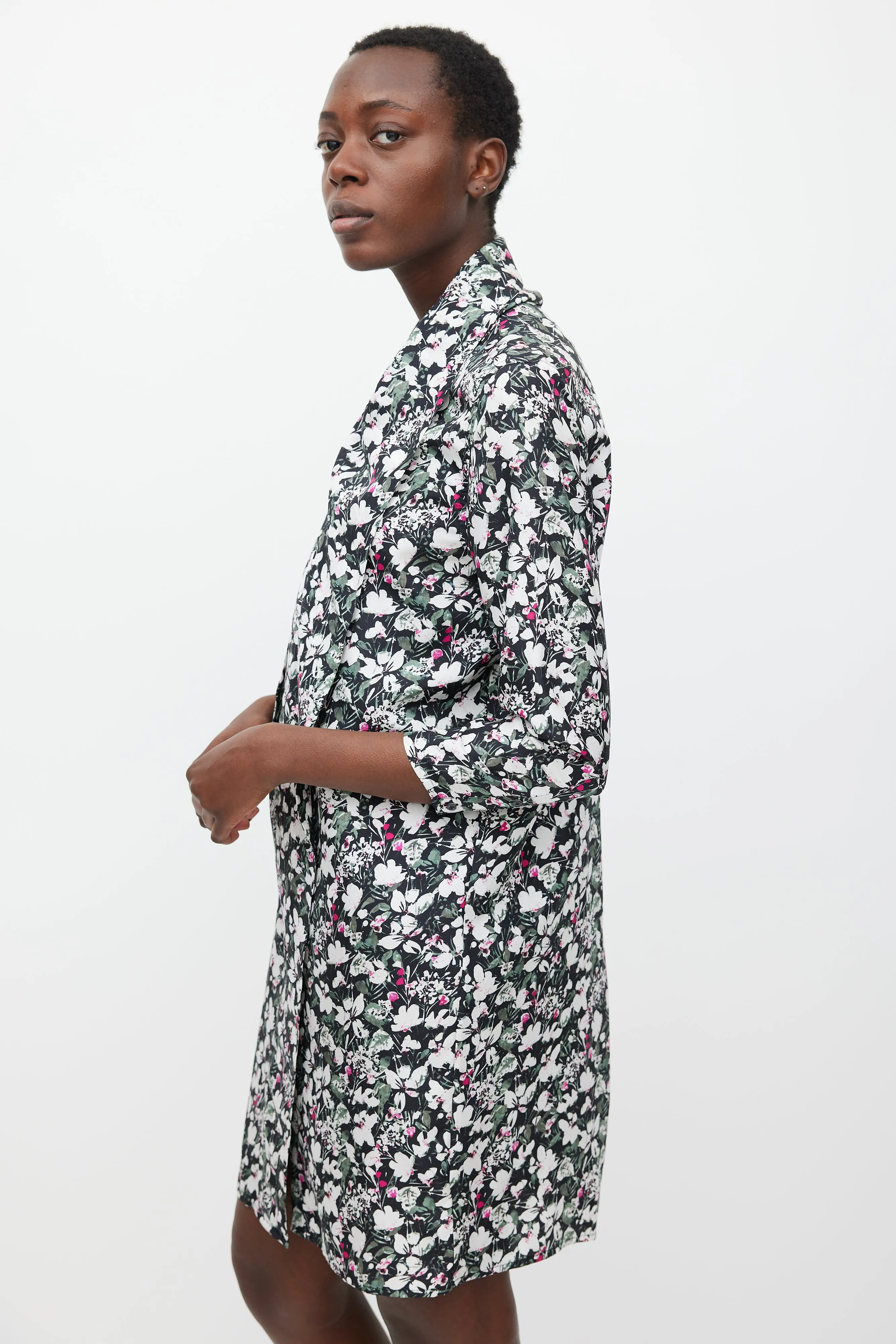 Black & Multicolour Floral Silk Draped Dress