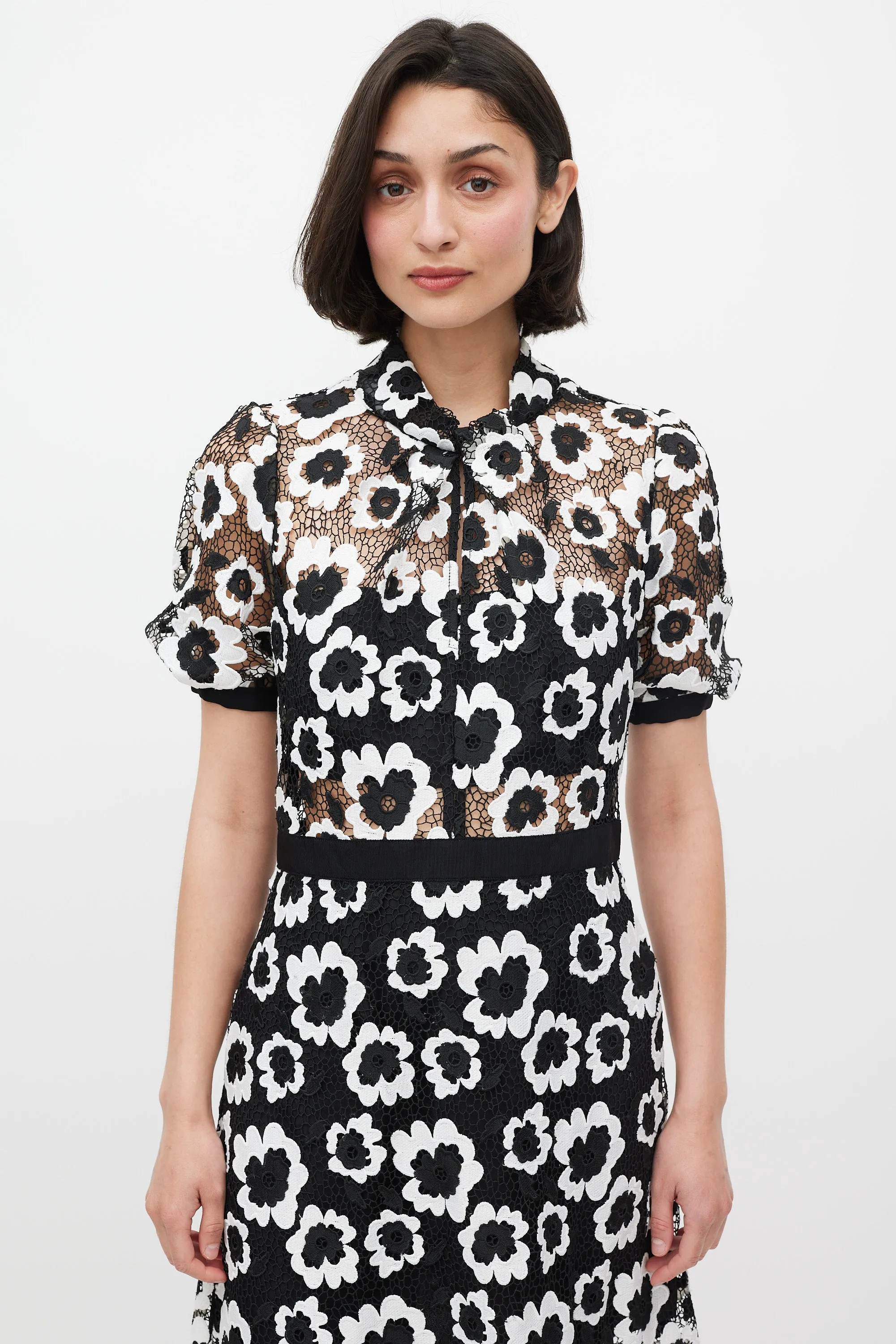 Black & White Short Sleeve Abstract Guipure Dress