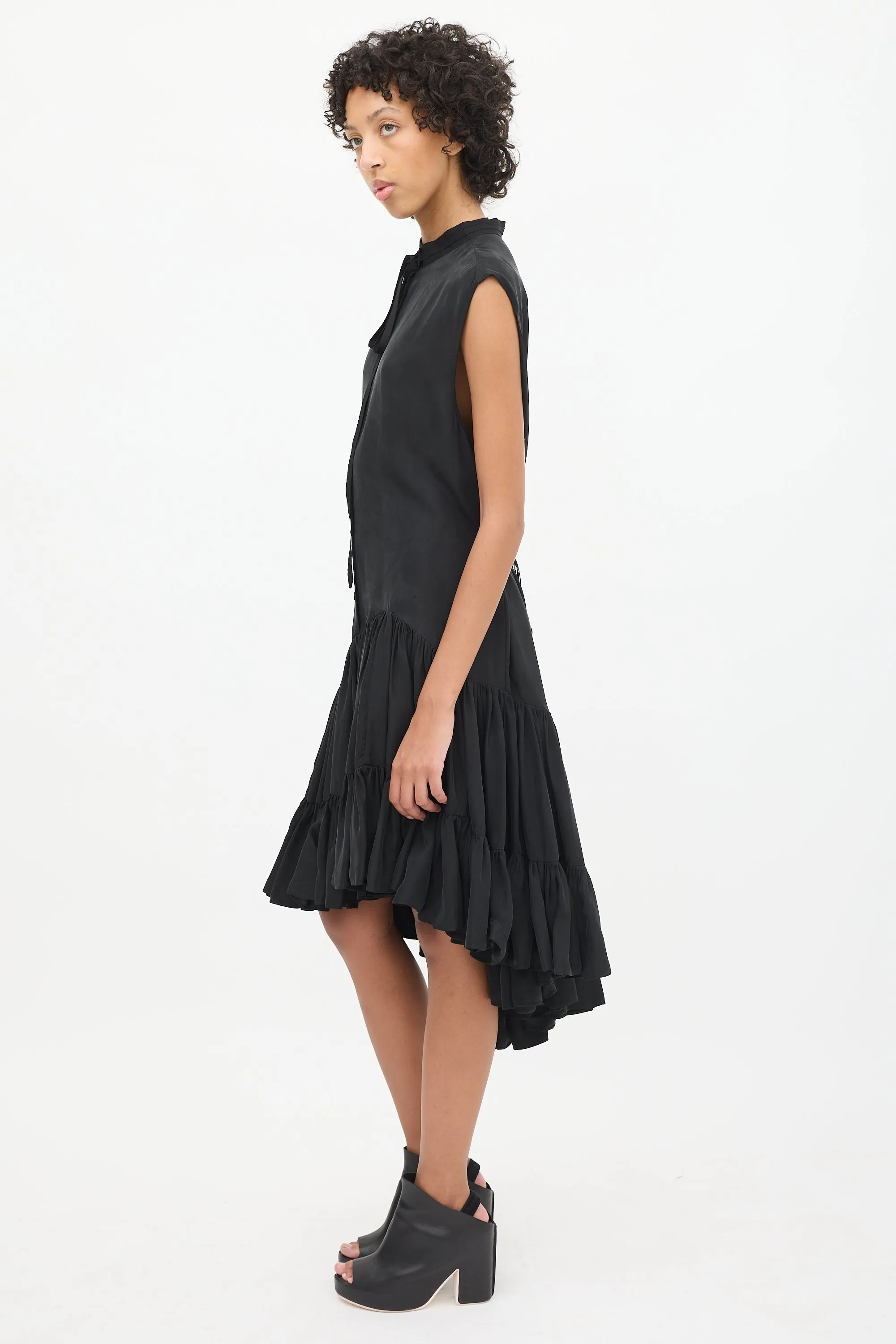 Black Dropped Waist Asymmetrical Tier Dress