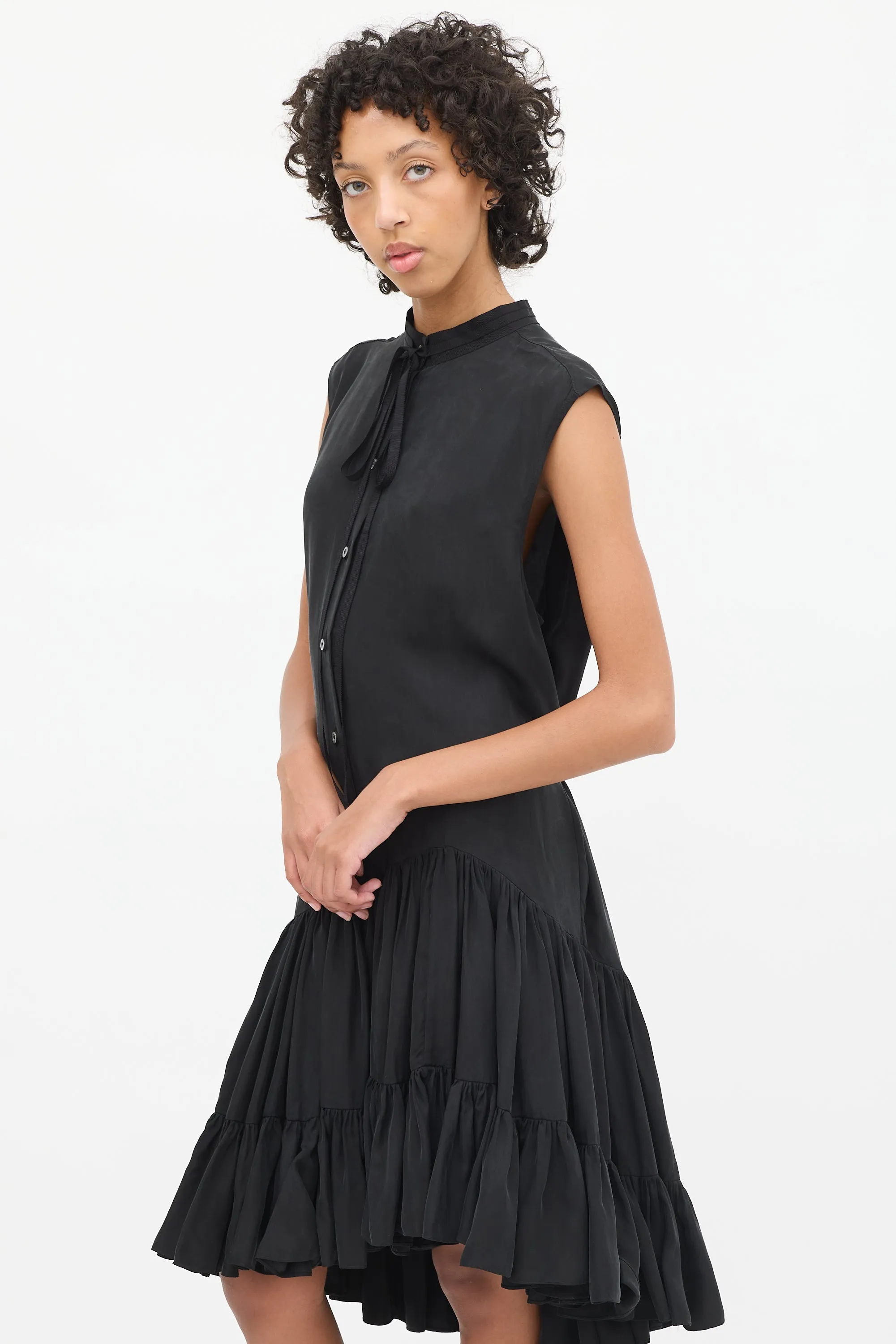 Black Dropped Waist Asymmetrical Tier Dress