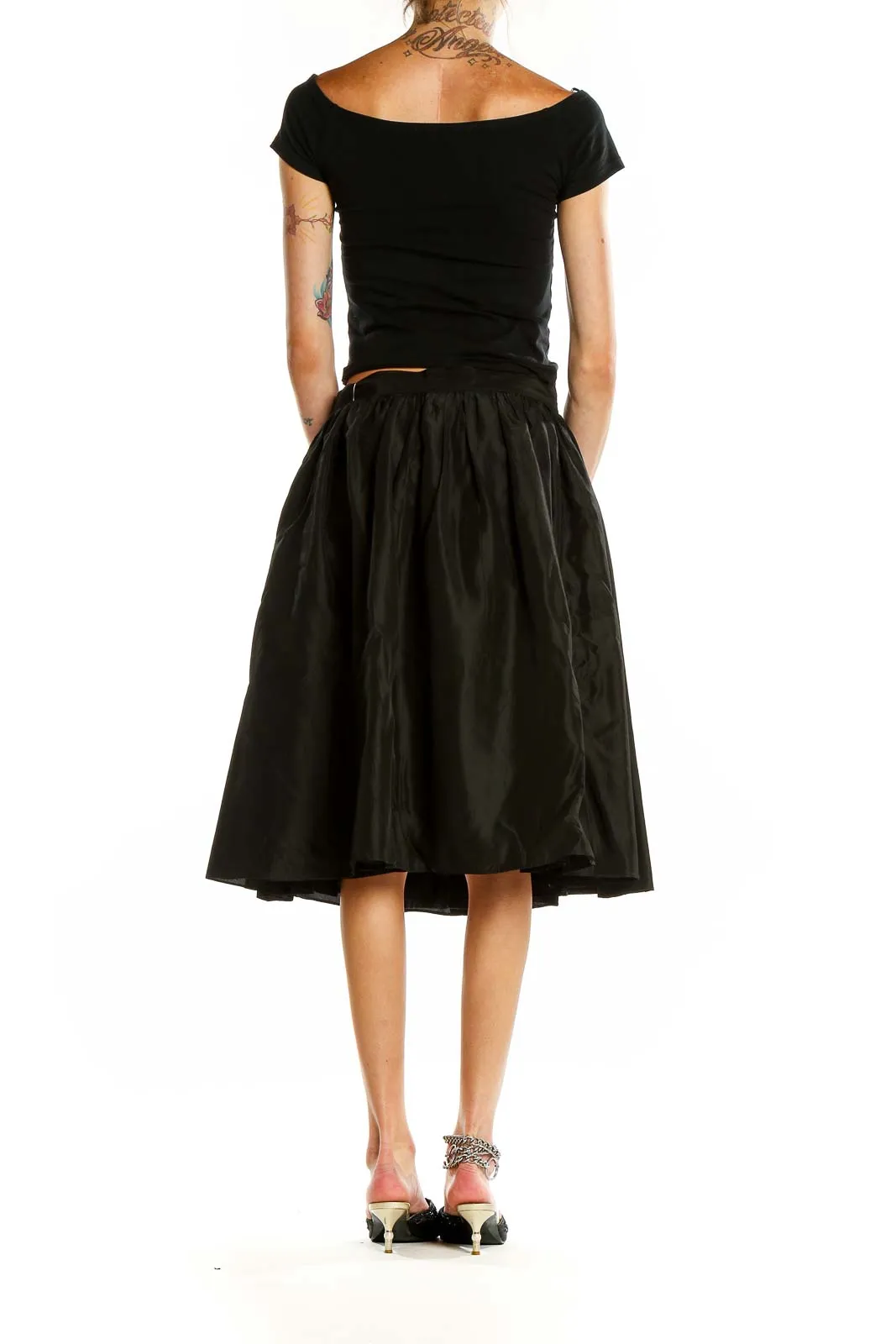 Black Flared Cotton Blend Midi Skirt