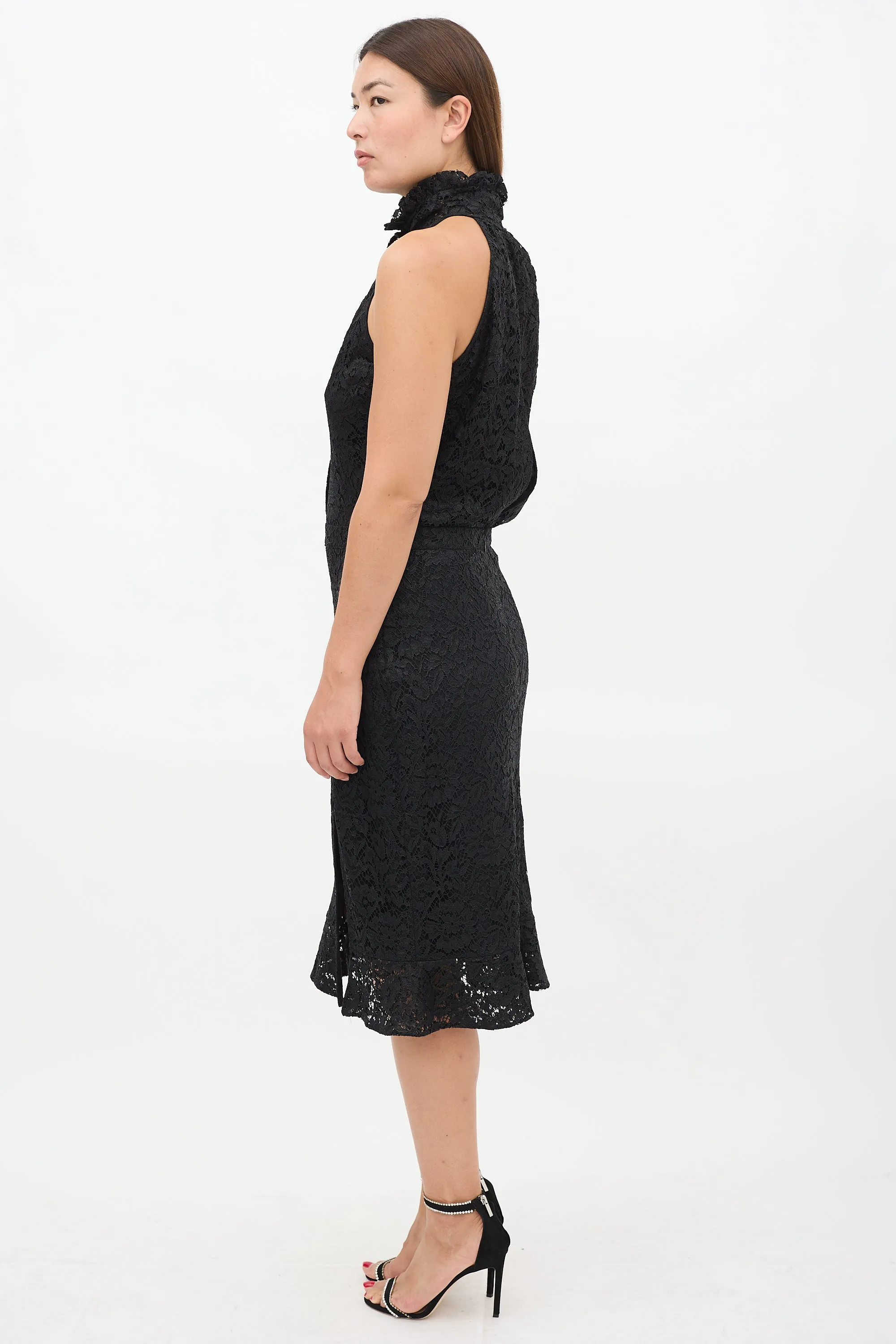 Black Floral Lace High Neck Dress