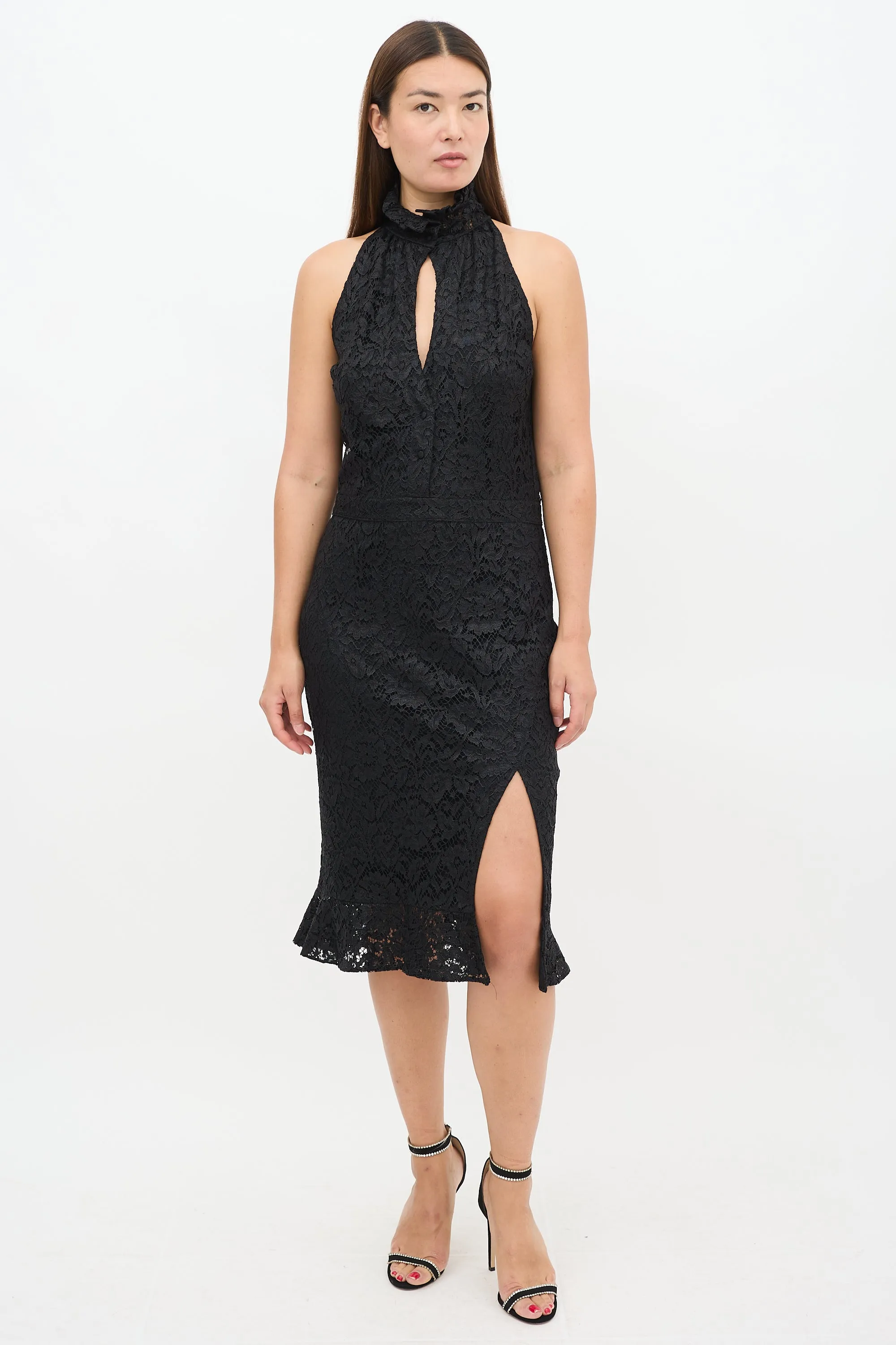Black Floral Lace High Neck Dress