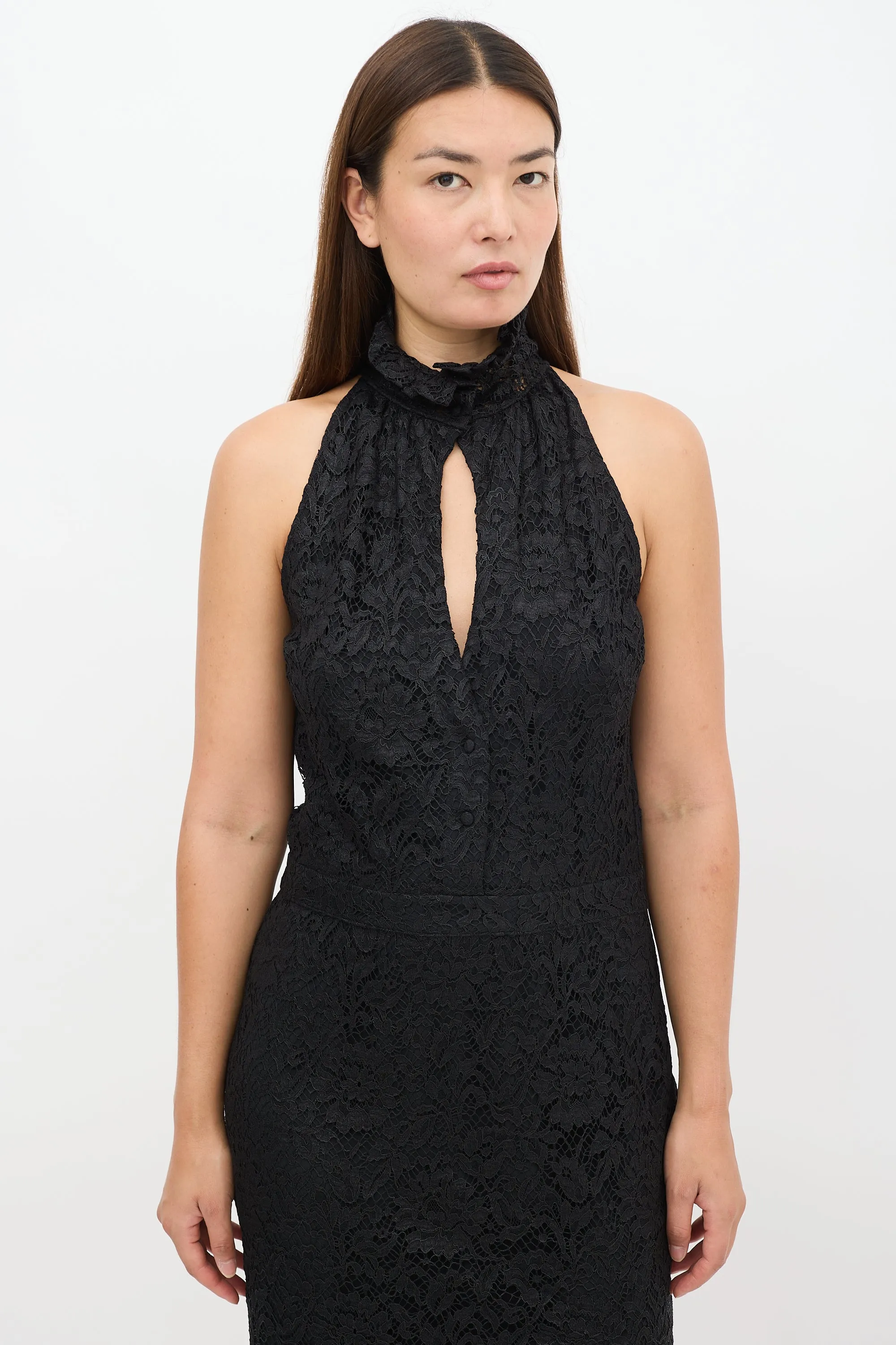 Black Floral Lace High Neck Dress