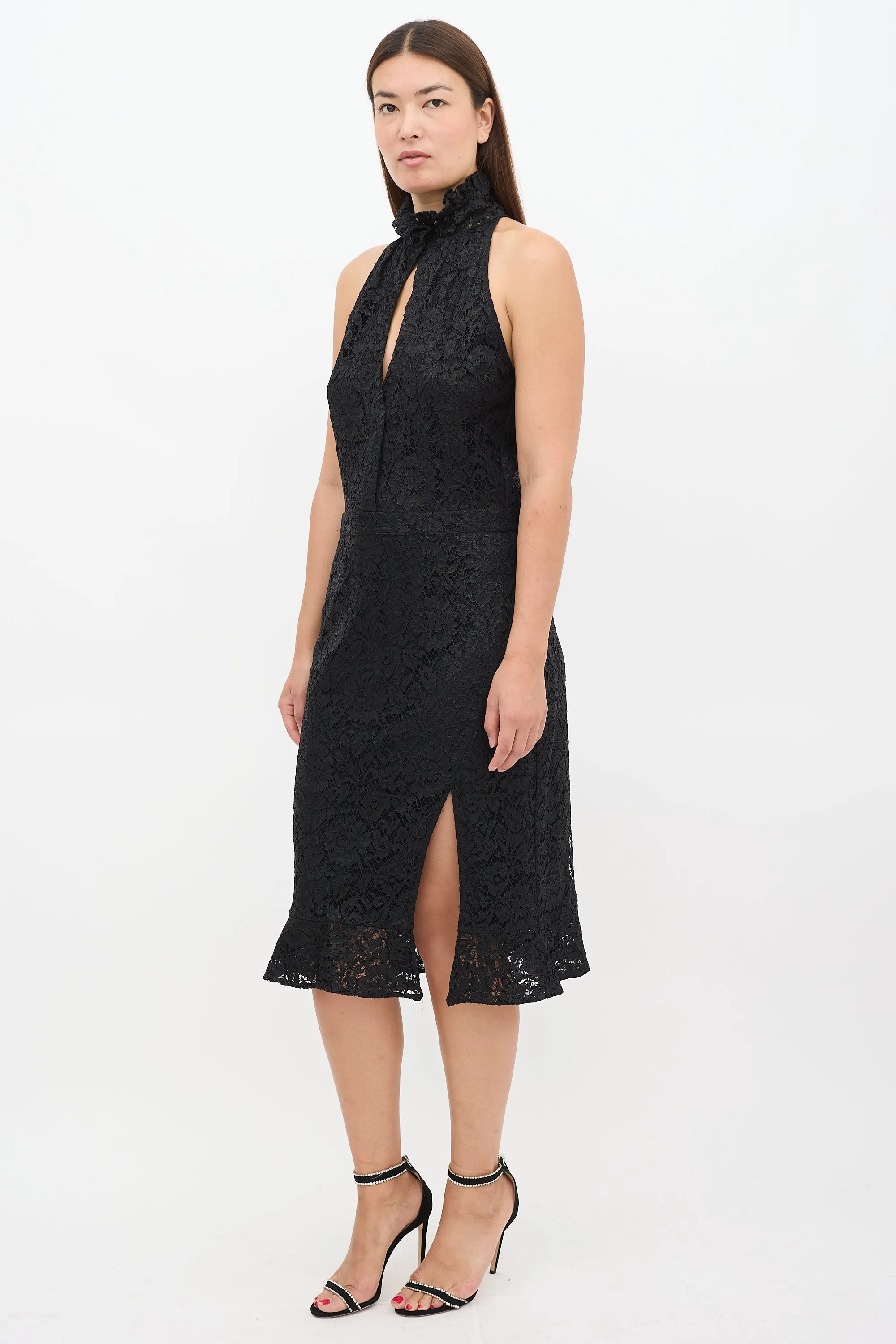 Black Floral Lace High Neck Dress