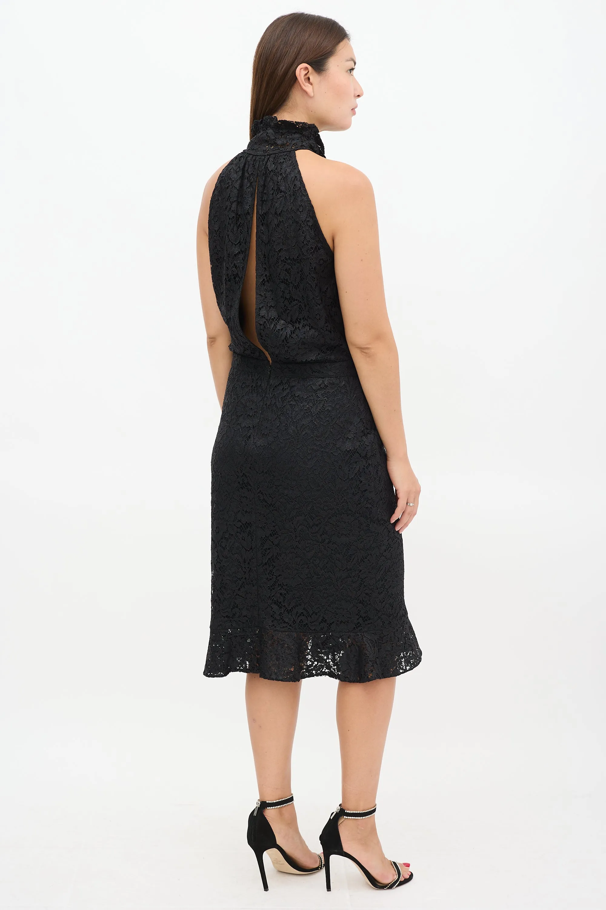 Black Floral Lace High Neck Dress