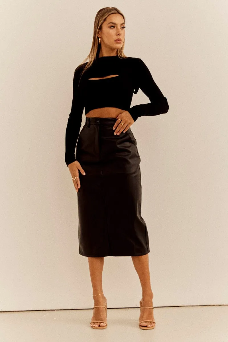 Black PU Midi Skirt High Rise Pencil Faux Leather
