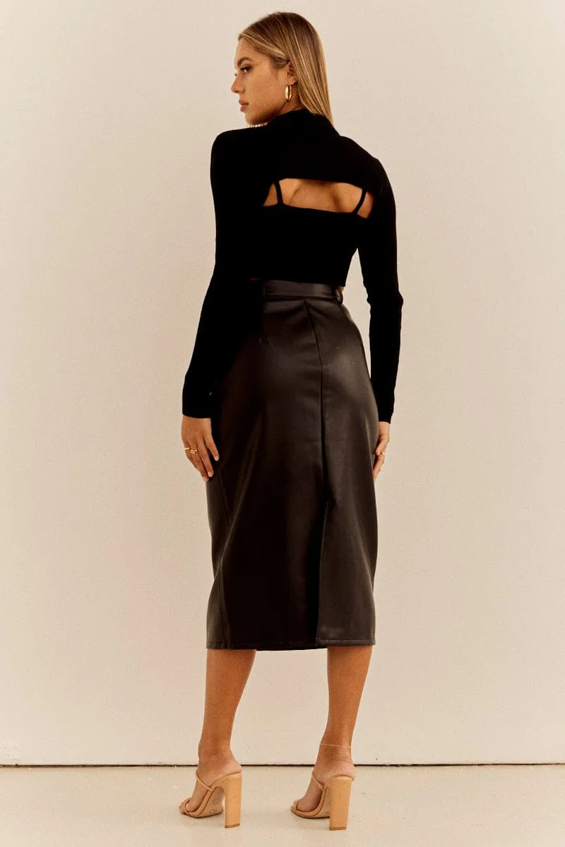 Black PU Midi Skirt High Rise Pencil Faux Leather