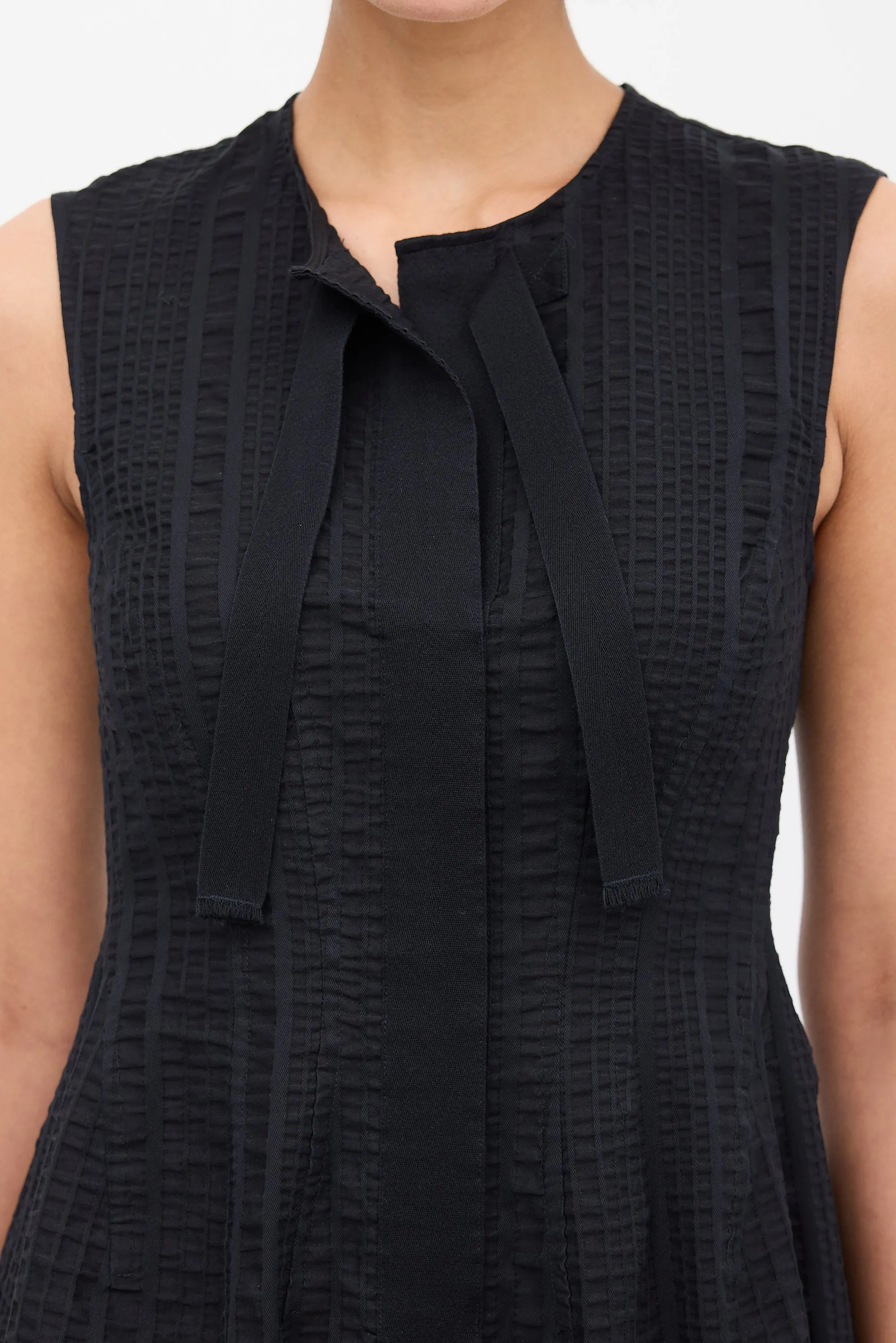 Black Puckered A-Line Midi Dress