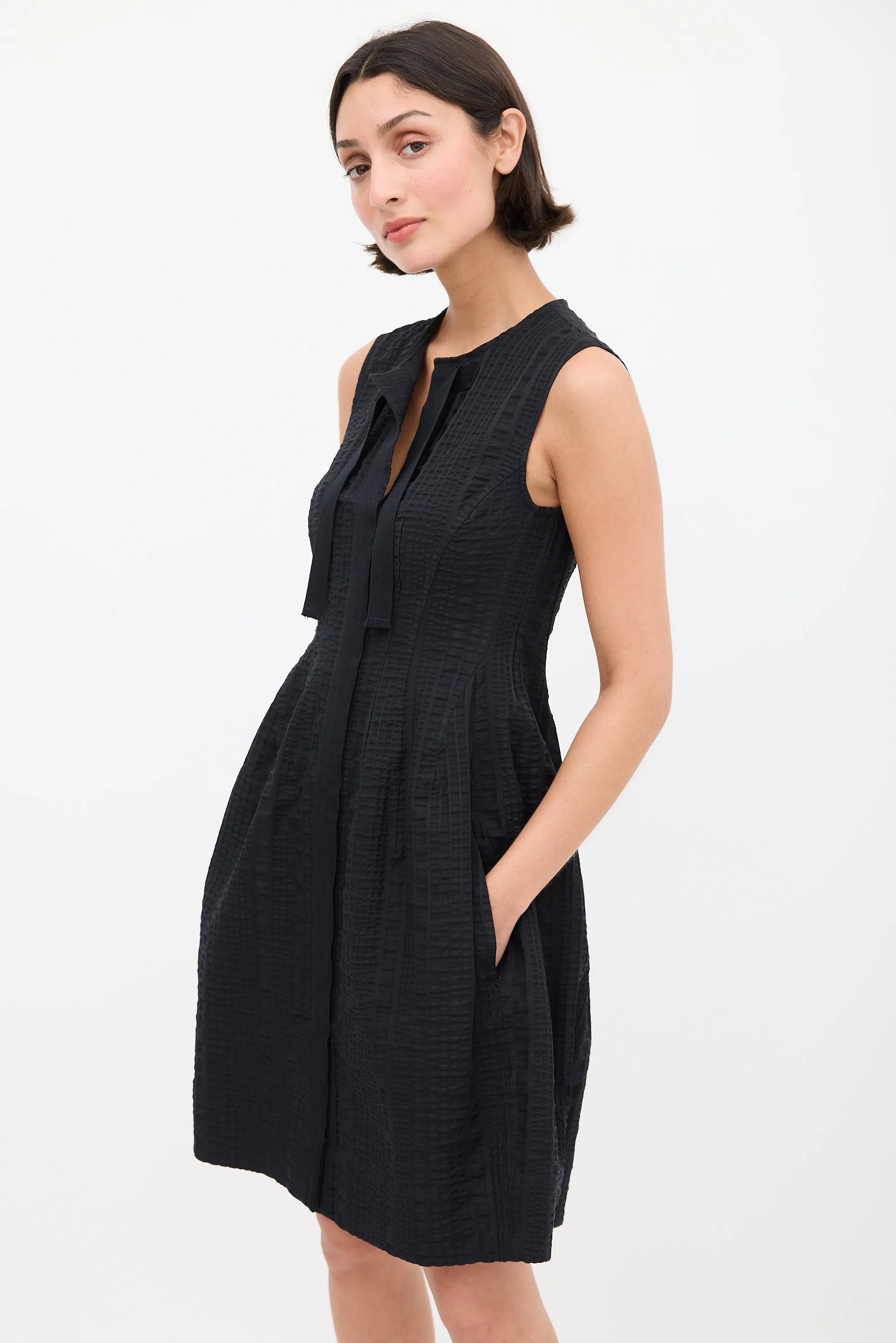 Black Puckered A-Line Midi Dress
