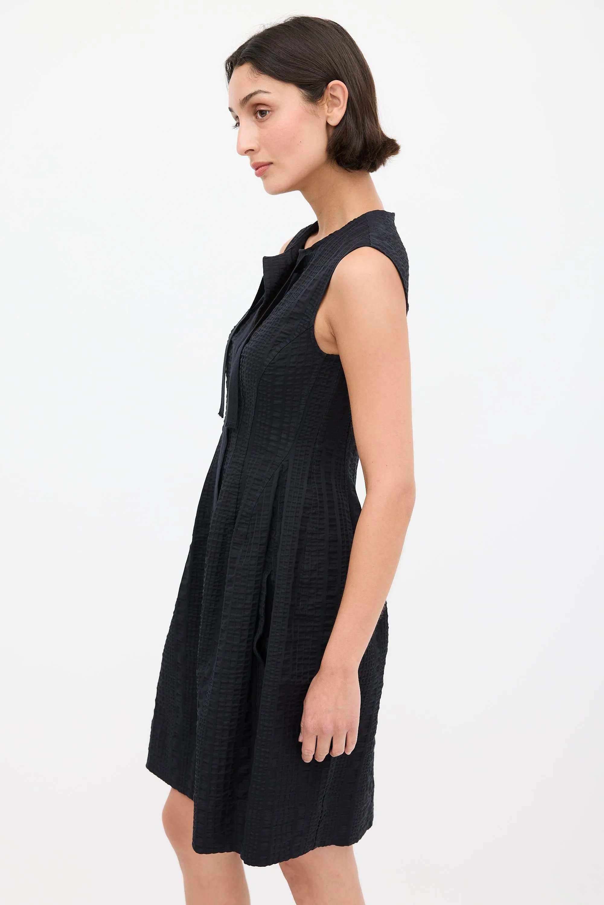 Black Puckered A-Line Midi Dress