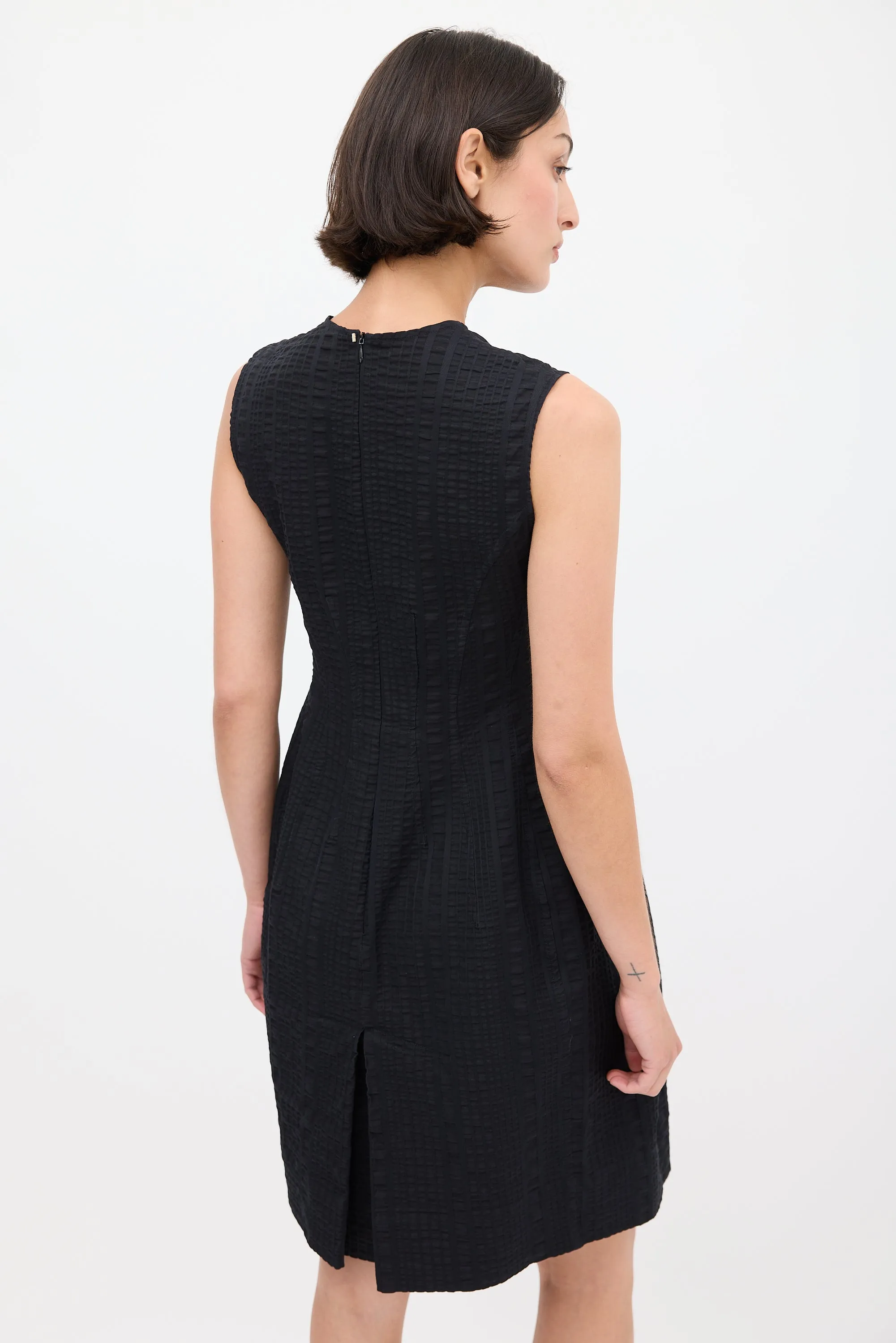 Black Puckered A-Line Midi Dress