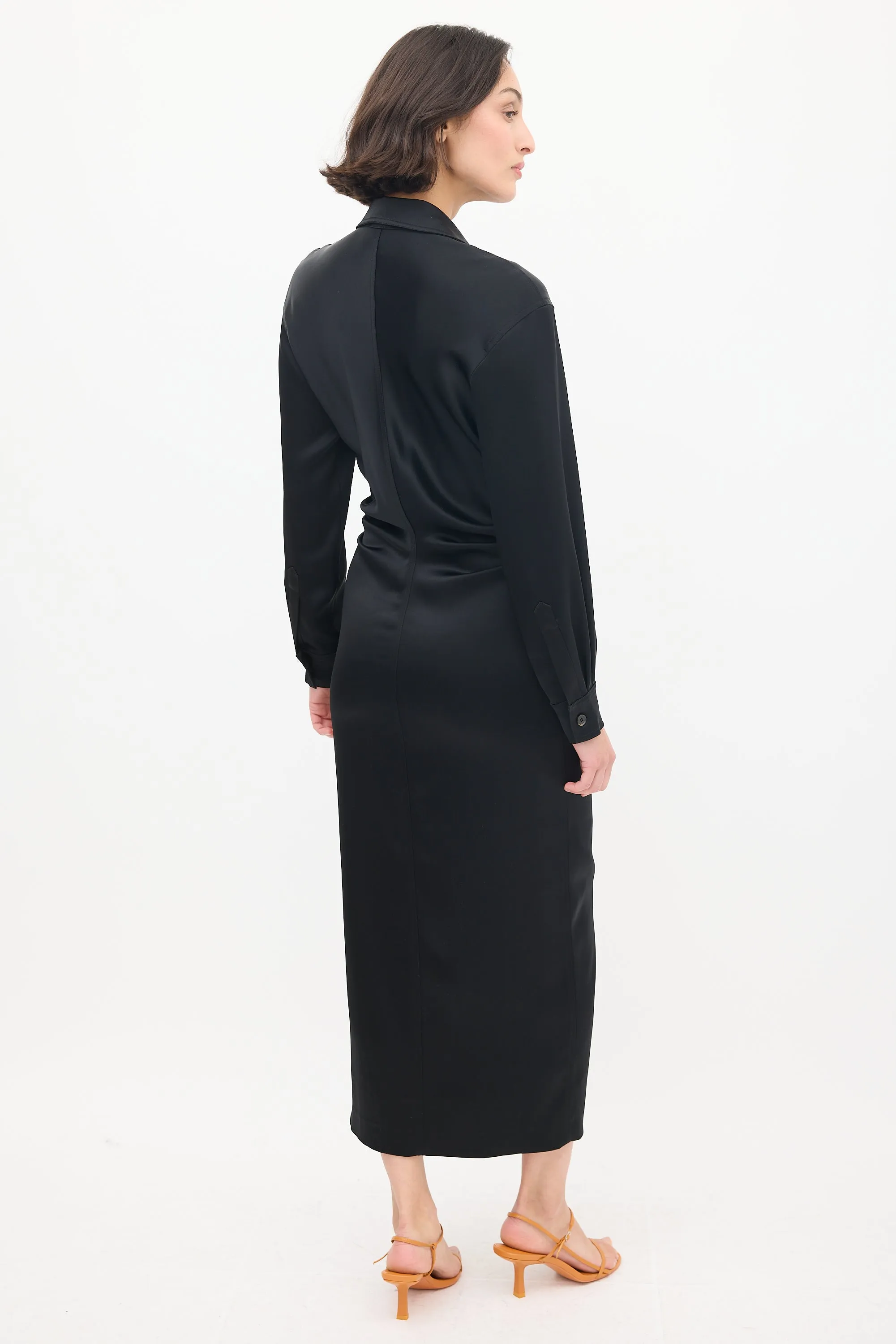 Black Satin Pleated Midi Shirt Dress