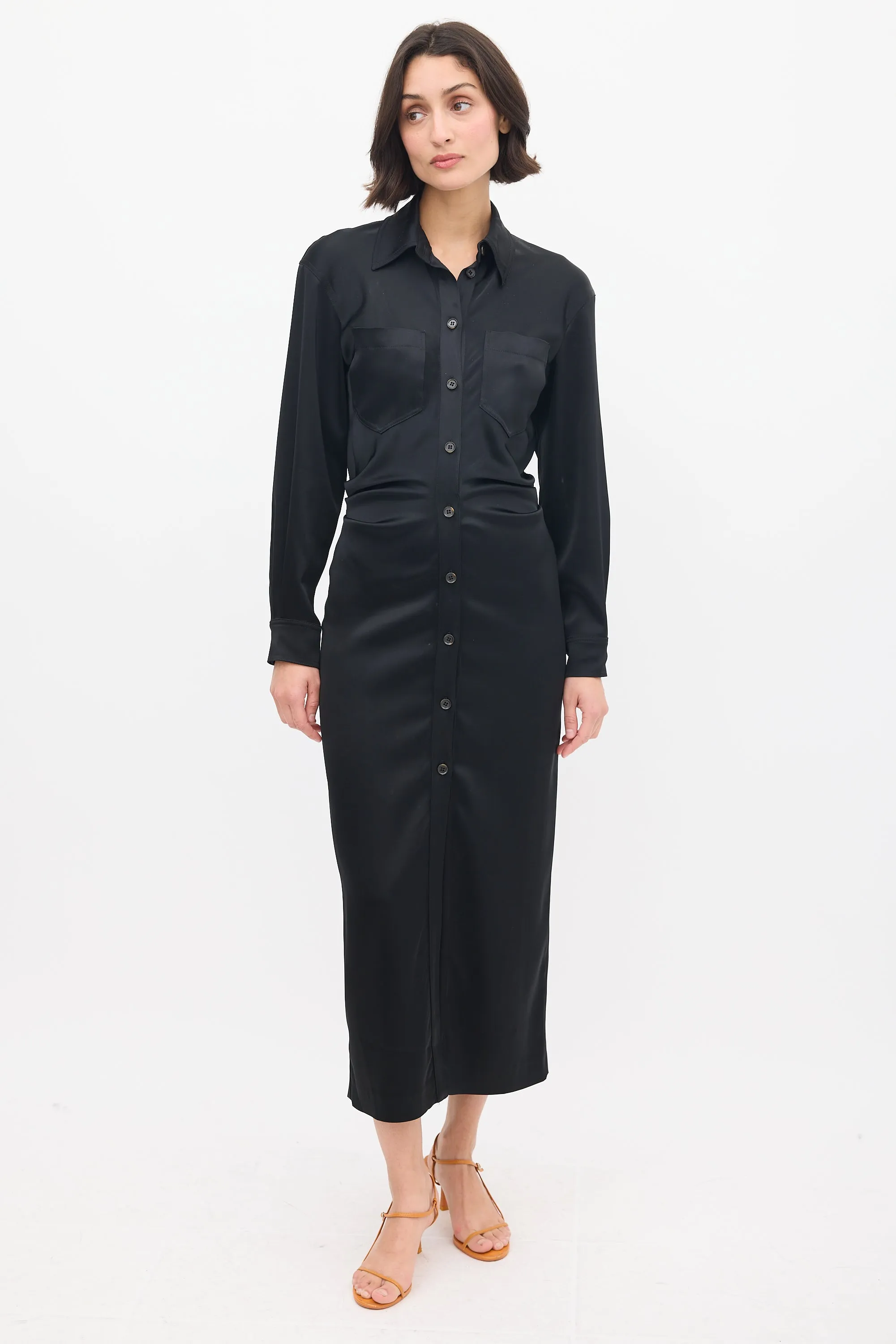 Black Satin Pleated Midi Shirt Dress