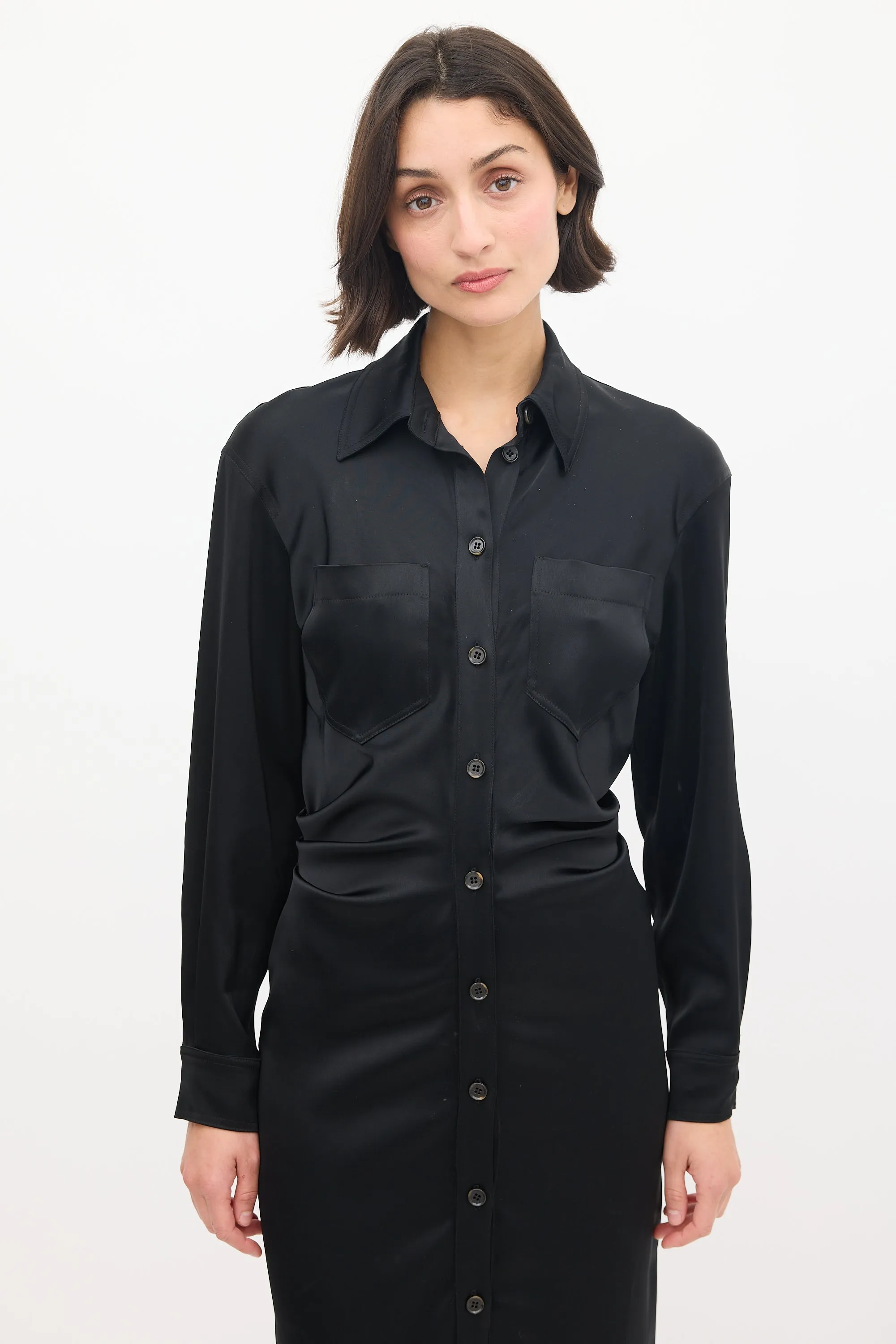 Black Satin Pleated Midi Shirt Dress