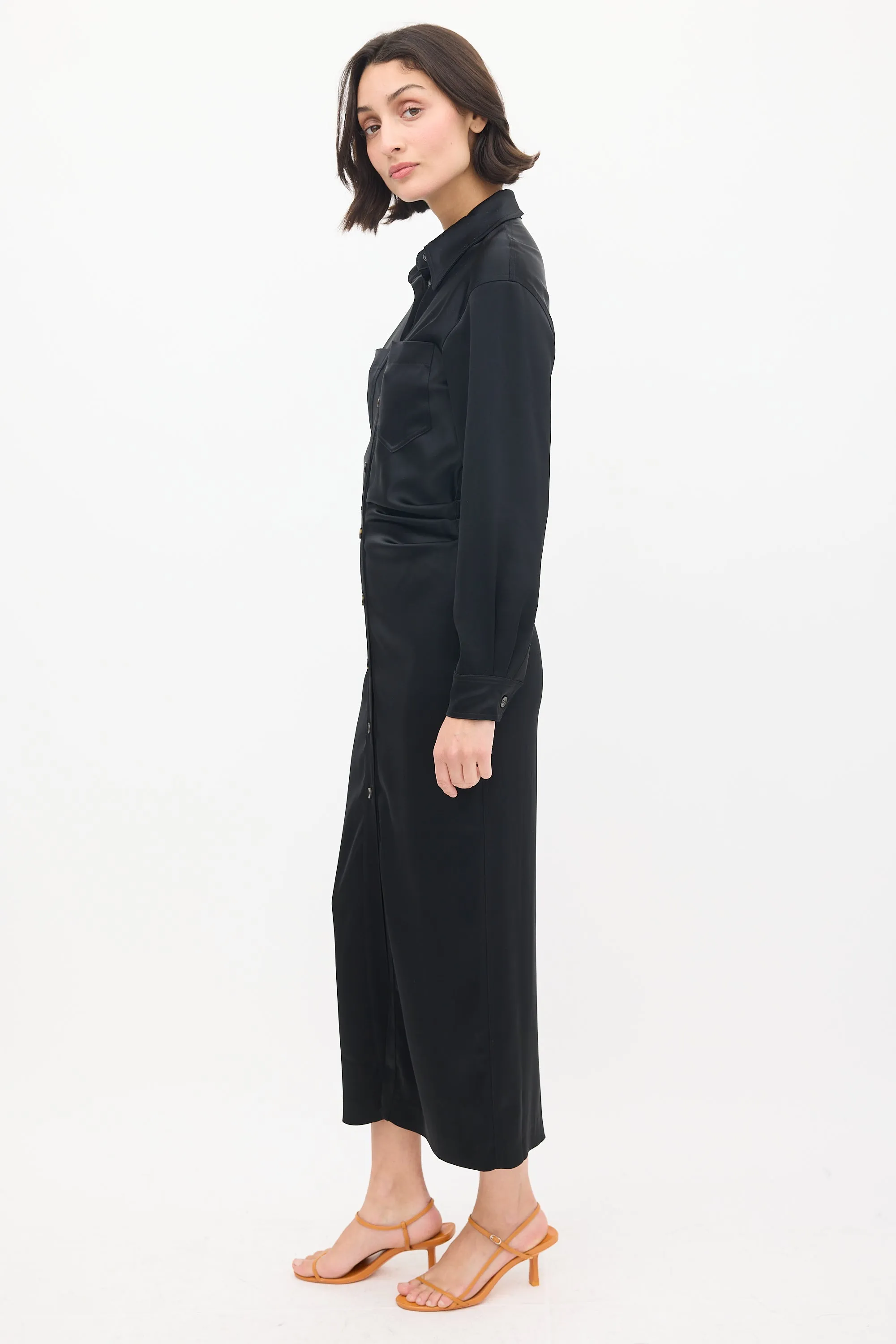 Black Satin Pleated Midi Shirt Dress