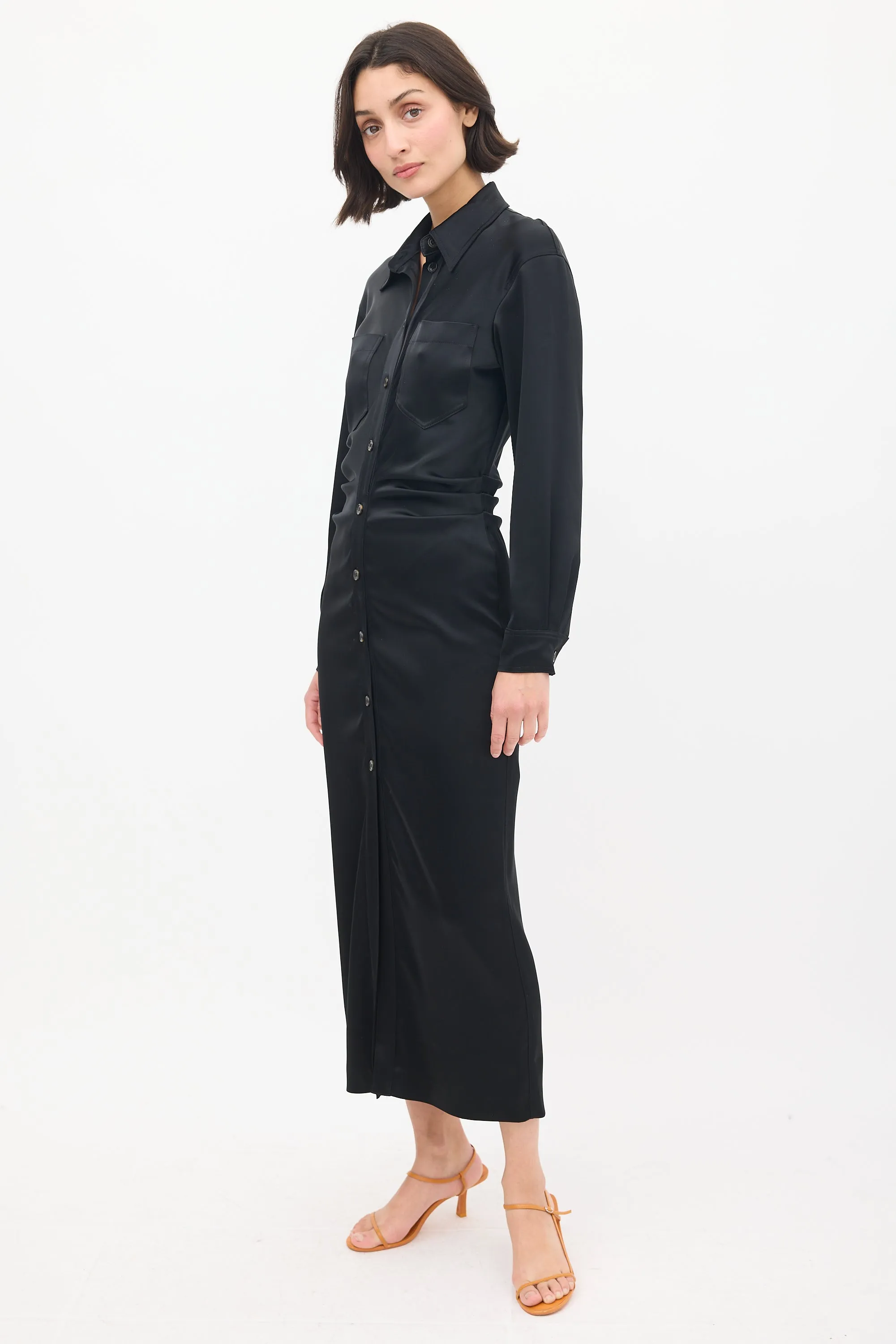 Black Satin Pleated Midi Shirt Dress