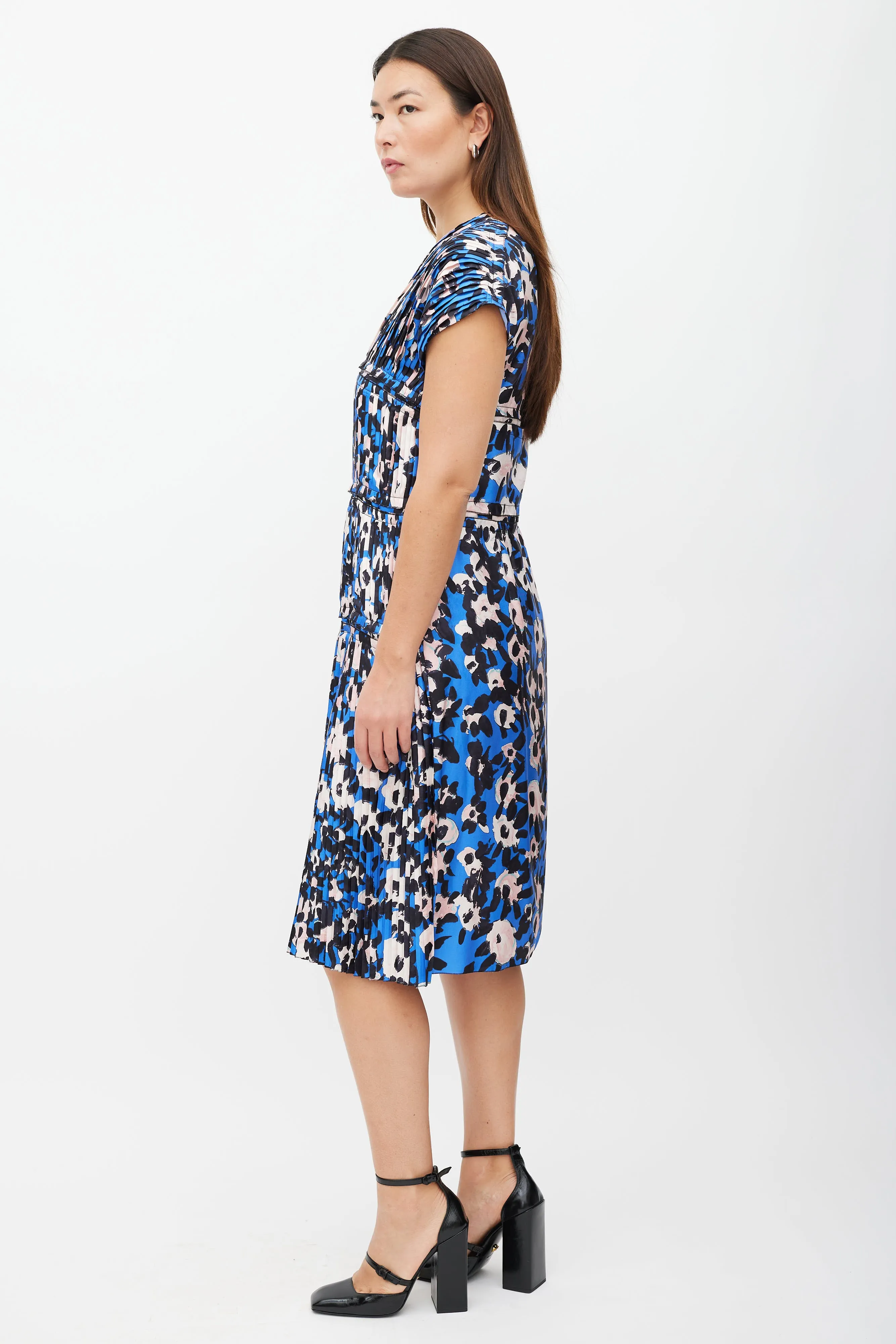 Blue & Pink Printed Pleat Tier Dress