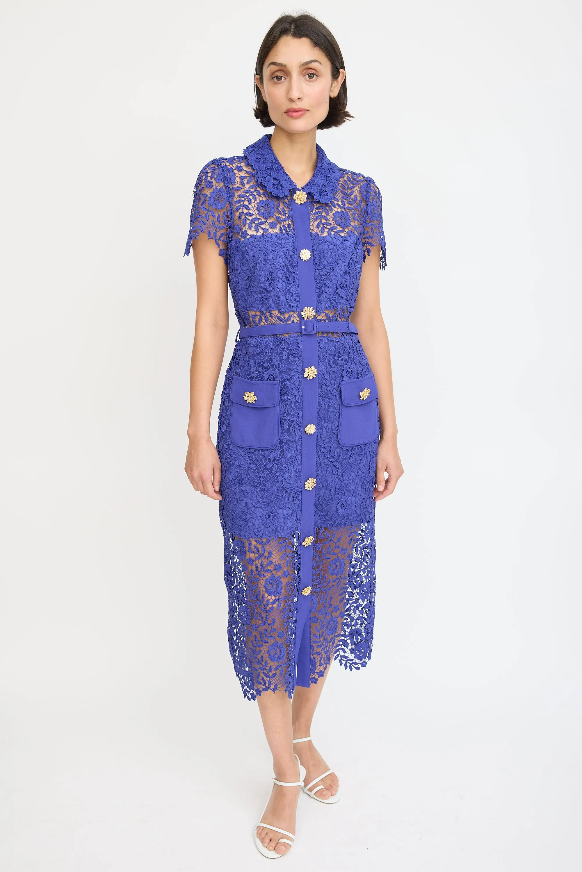 Blue Floral Lace Belted Button Up Dress