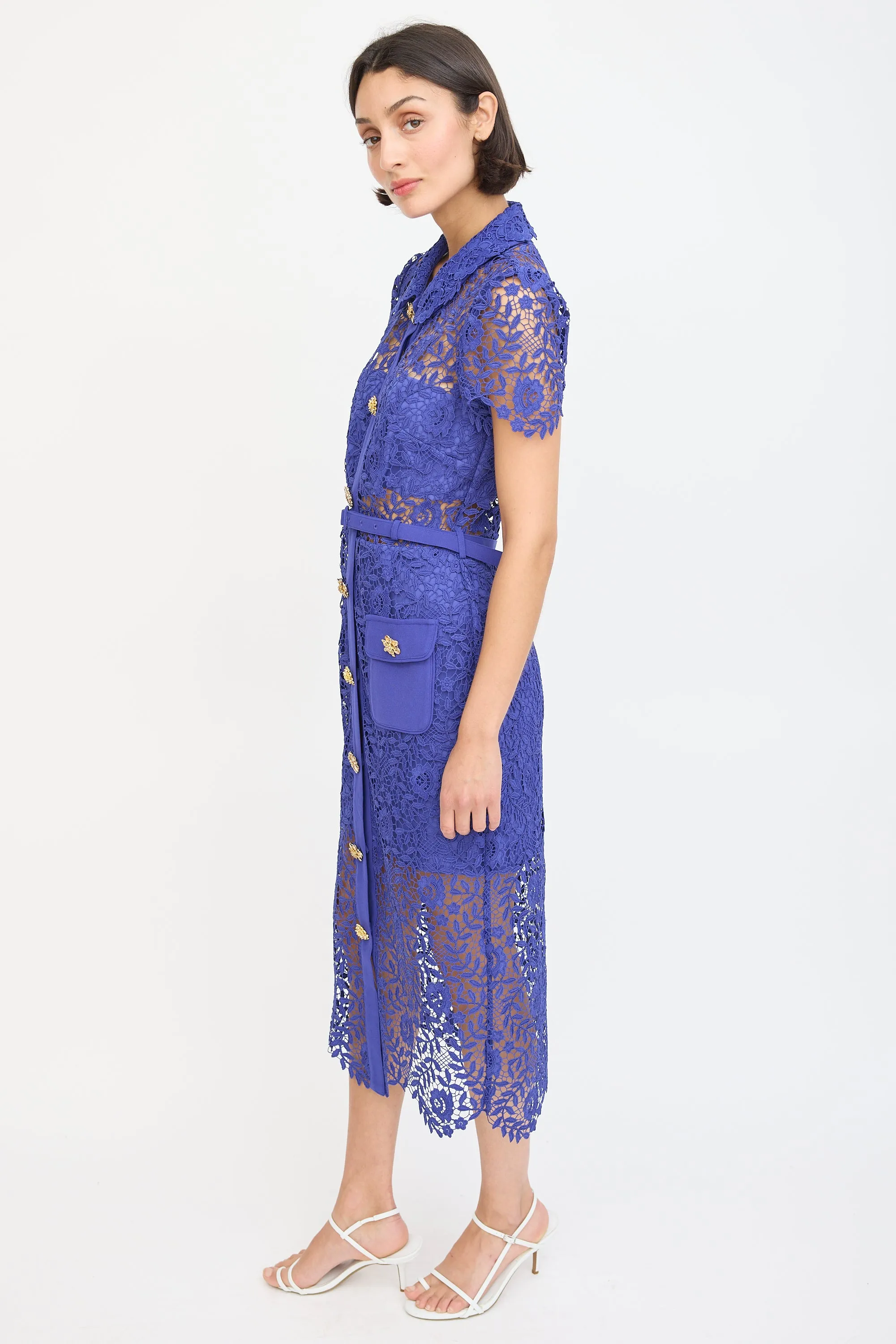 Blue Floral Lace Belted Button Up Dress