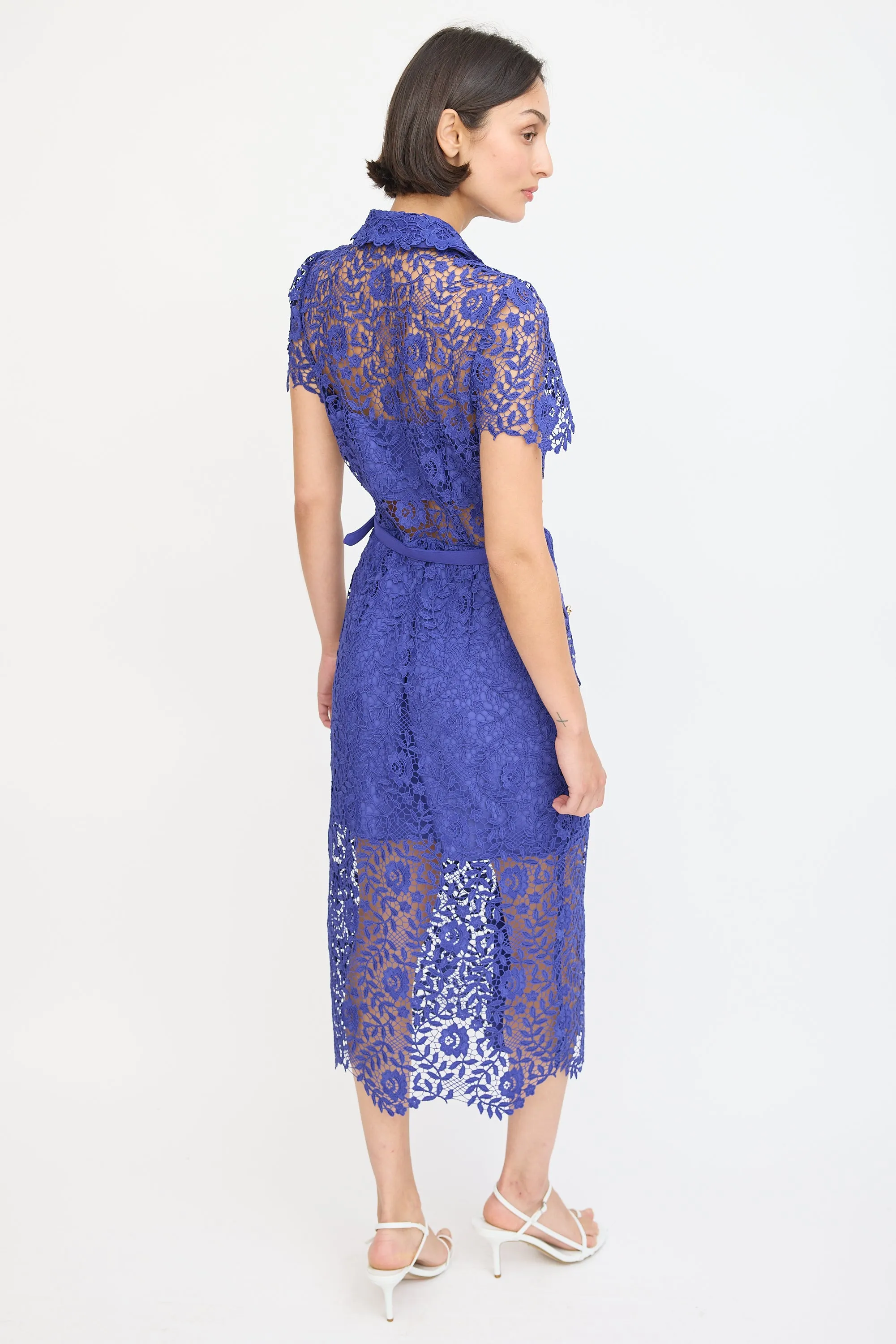 Blue Floral Lace Belted Button Up Dress