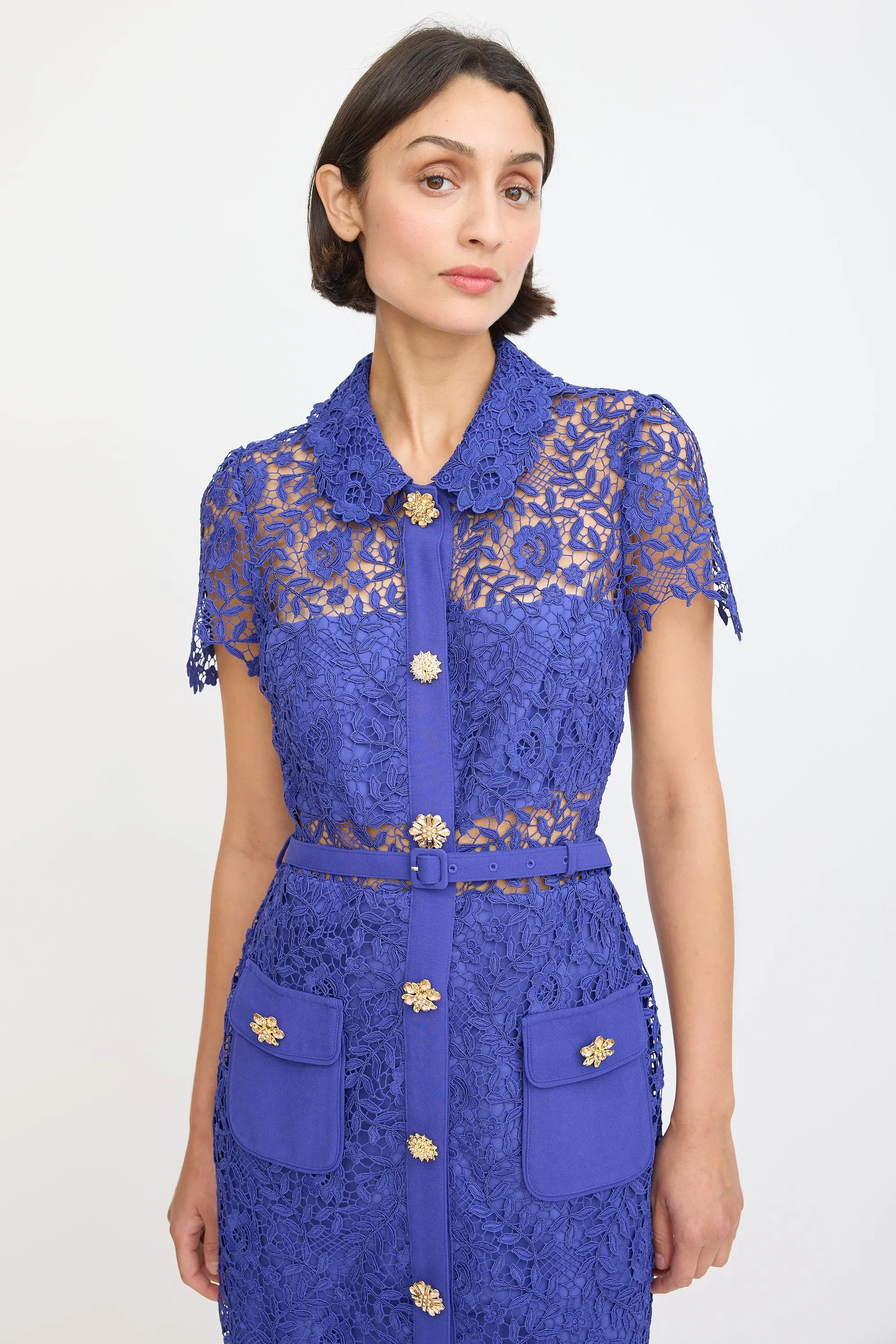 Blue Floral Lace Belted Button Up Dress