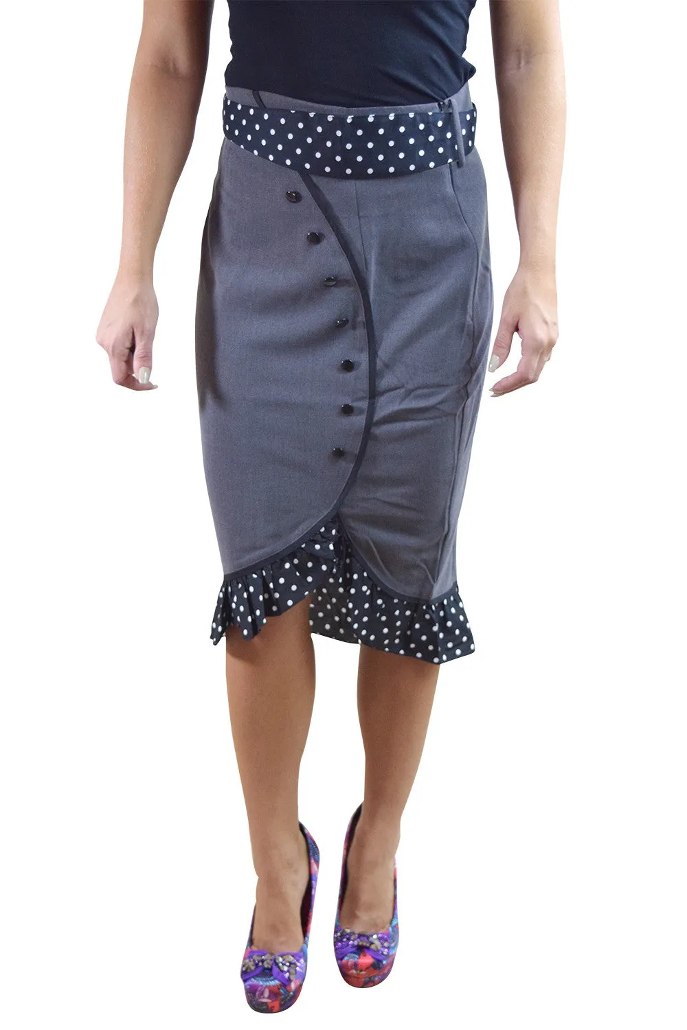 Bombshell Gray High Waist Polka Dot Ruffled Hem with Bow Belt Pencil Skirt