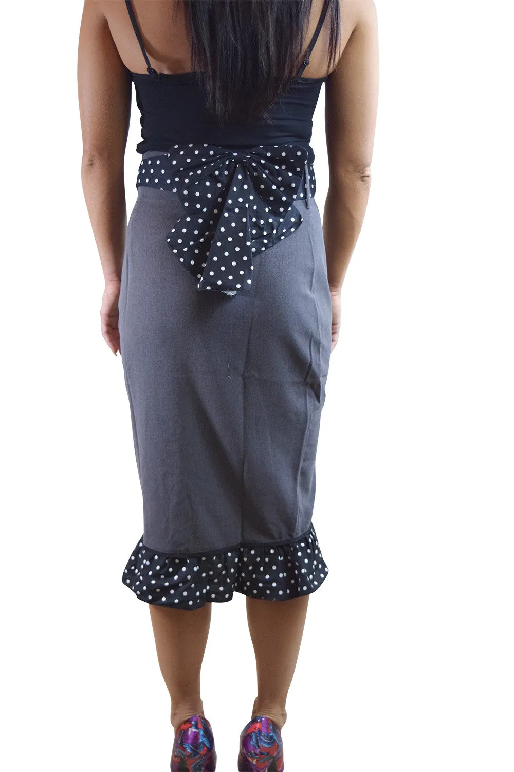 Bombshell Gray High Waist Polka Dot Ruffled Hem with Bow Belt Pencil Skirt