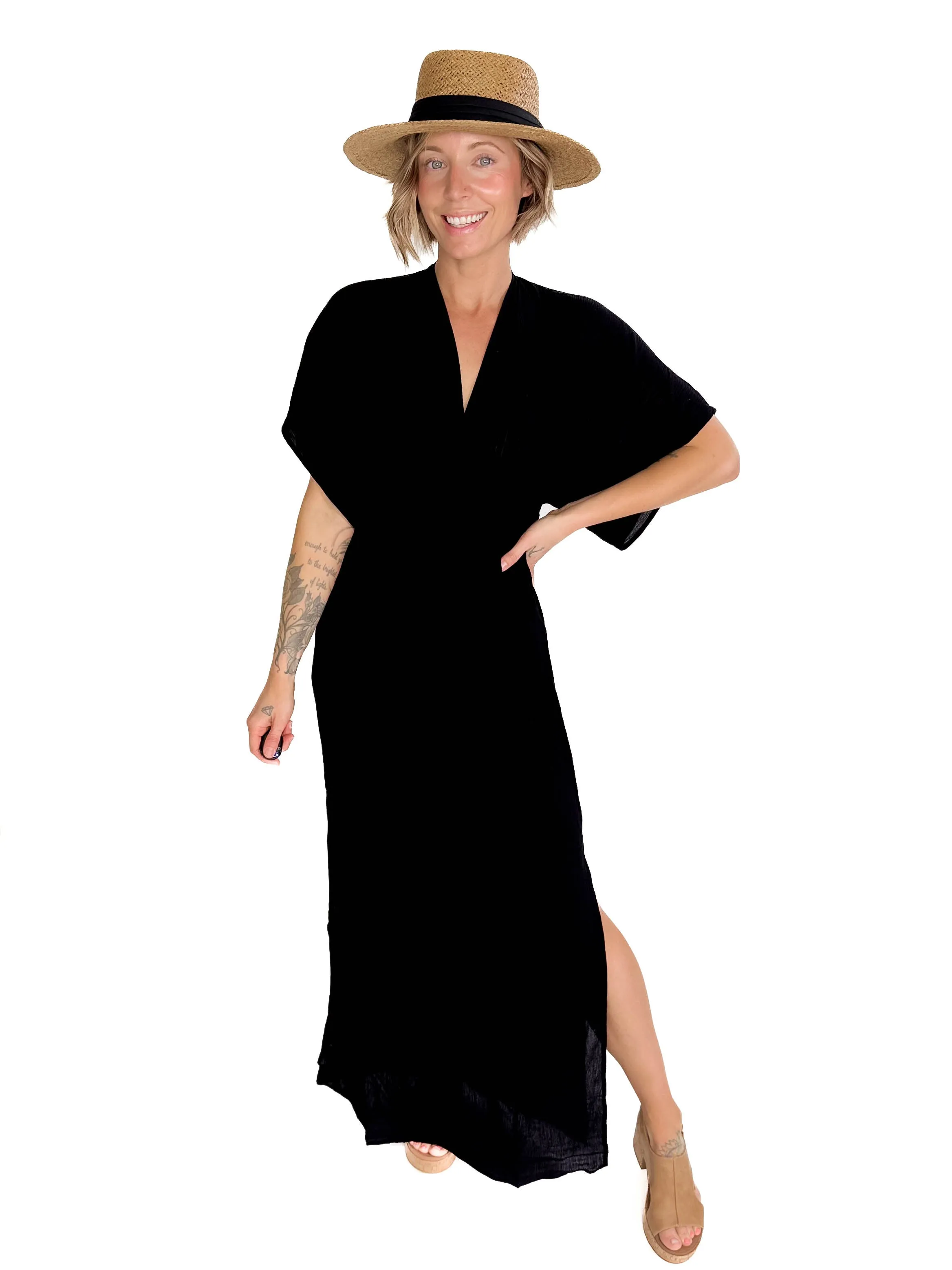 Breonna Boho Kimono Sleeve Maxi- BLACK