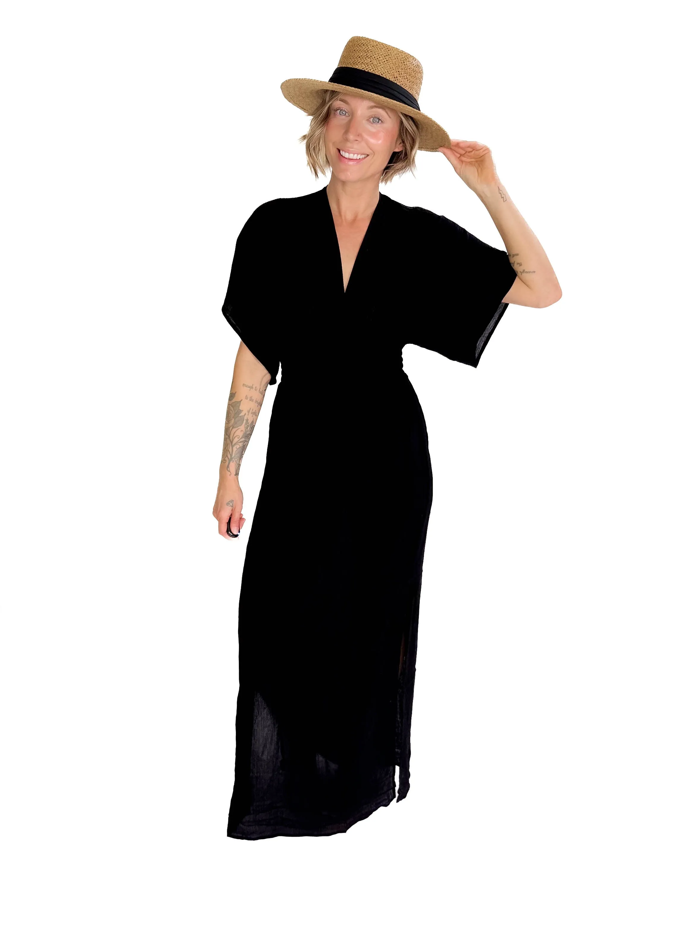 Breonna Boho Kimono Sleeve Maxi- BLACK