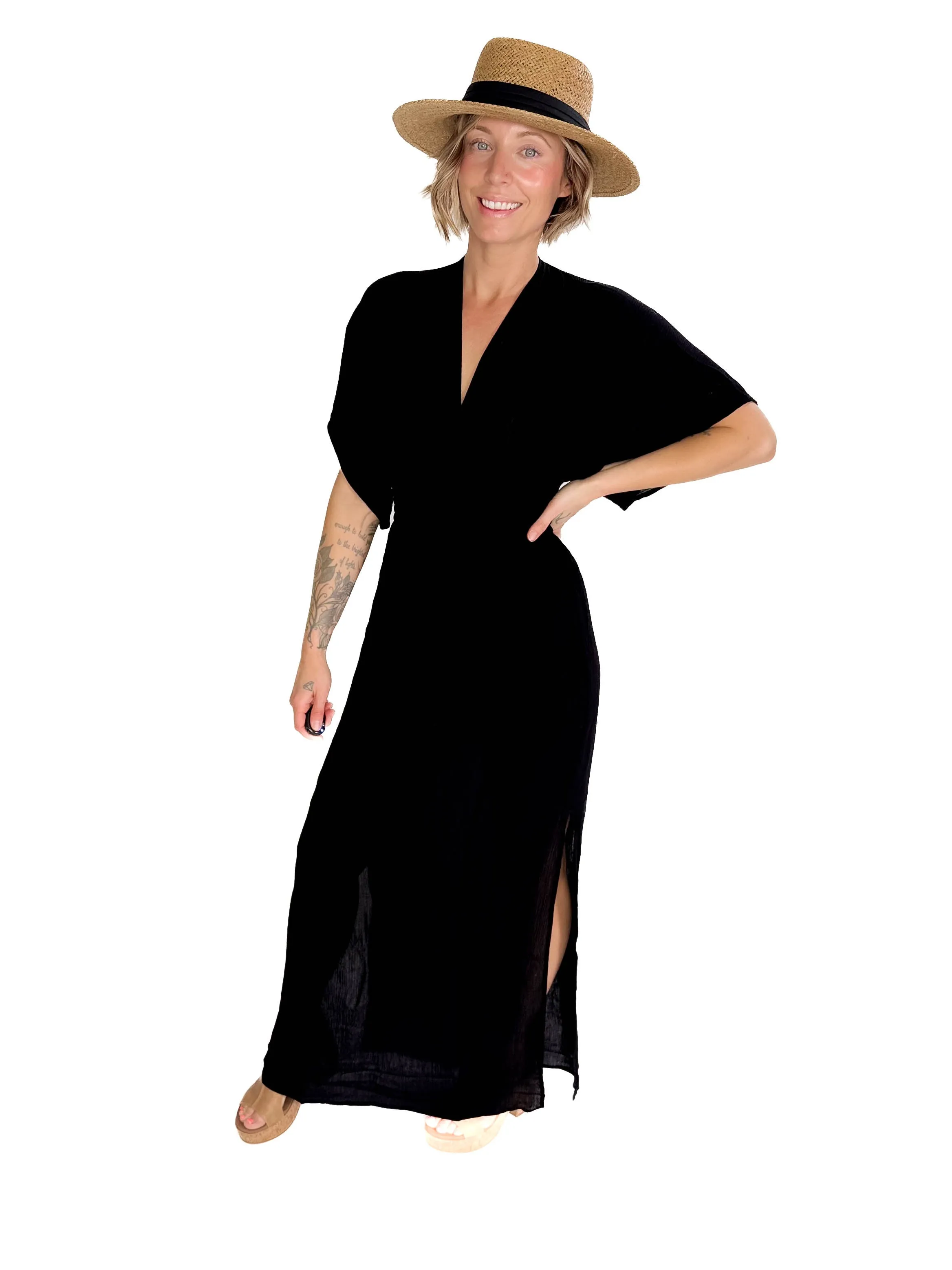 Breonna Boho Kimono Sleeve Maxi- BLACK