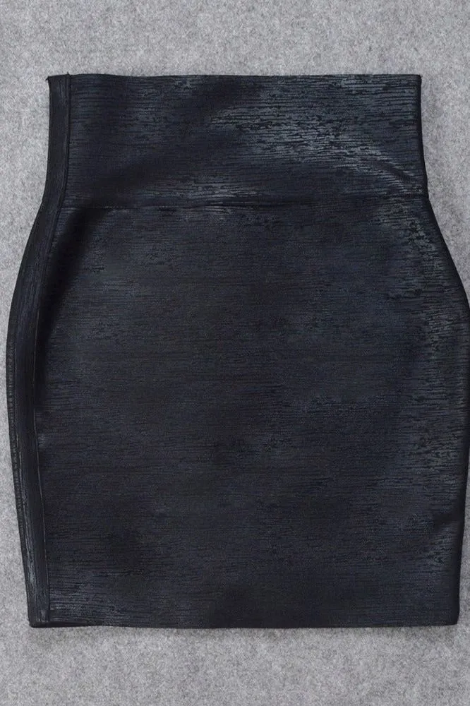 High Waist Leather Pencil Skirt Mini Length - Metallic Black