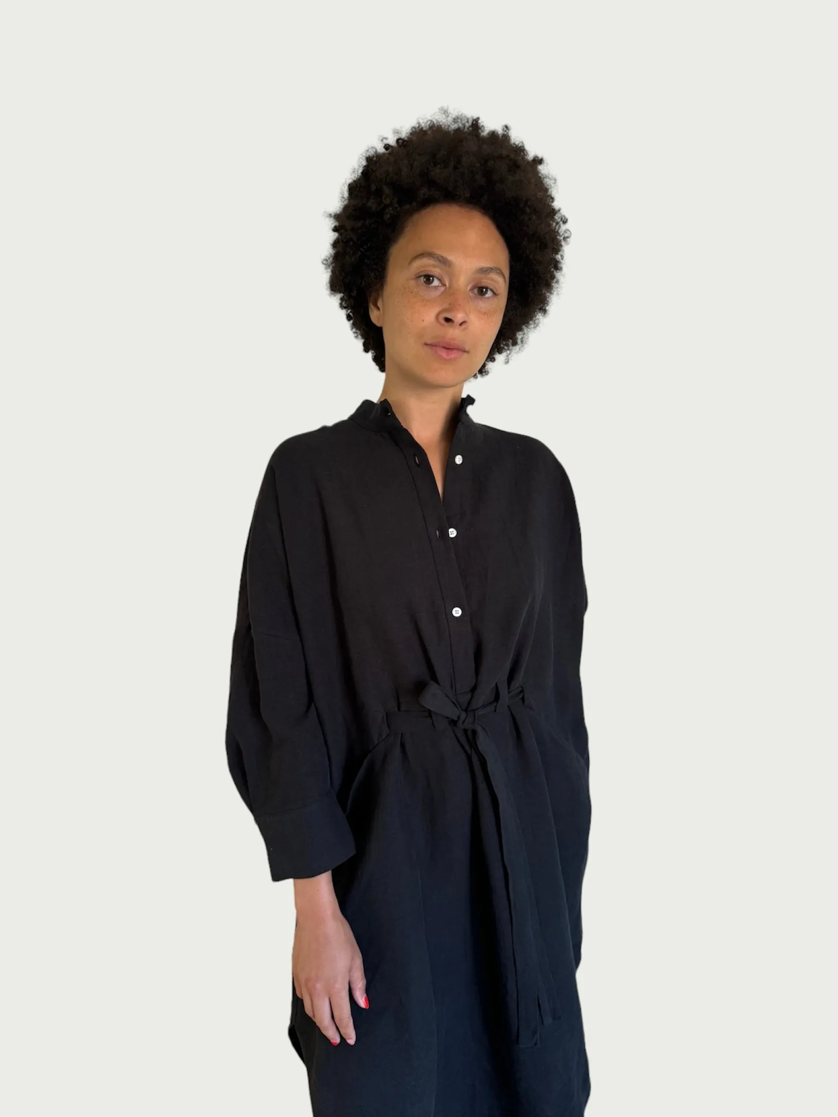 Linen Midi Shirt Dress in Black