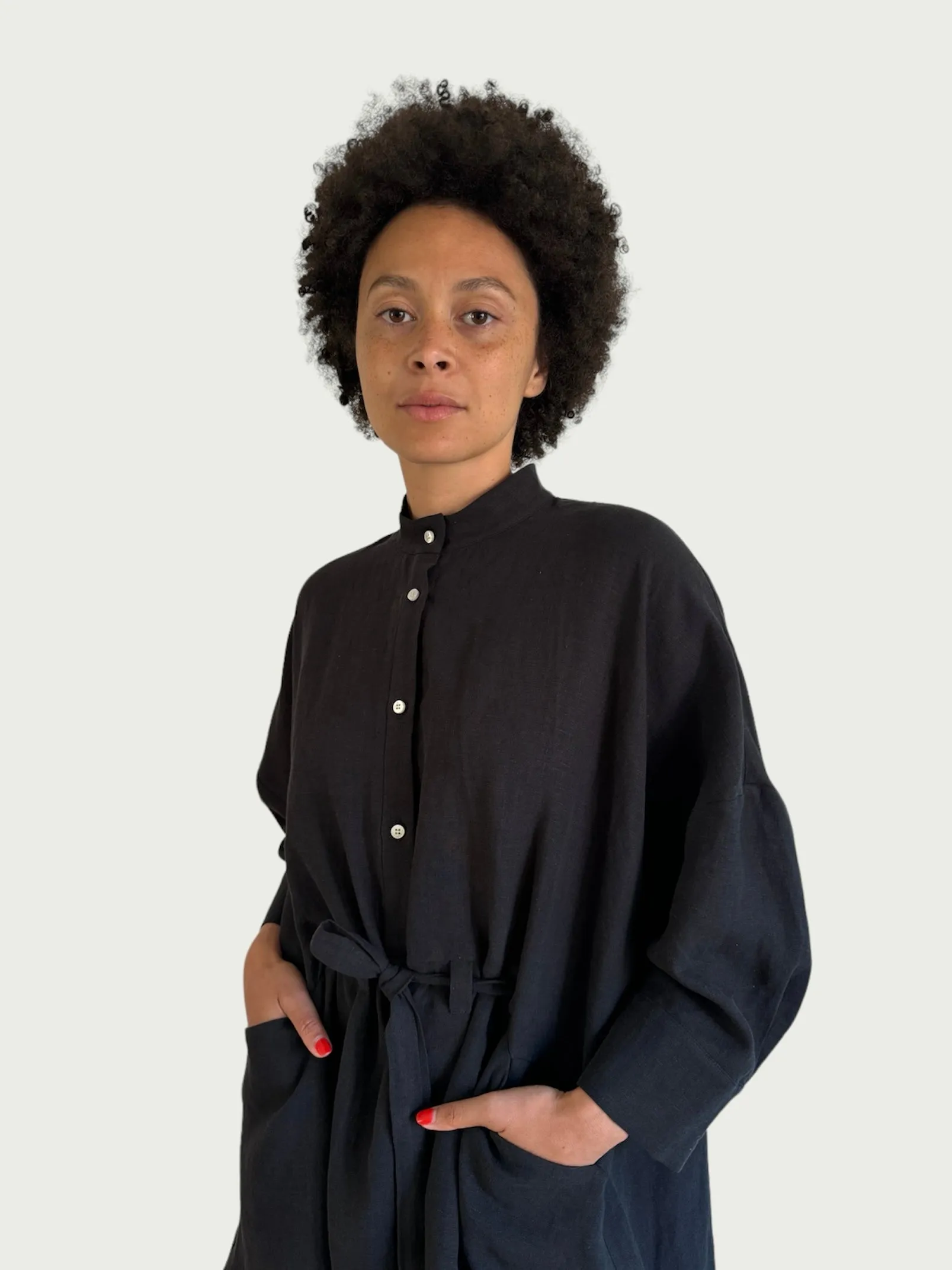 Linen Midi Shirt Dress in Black