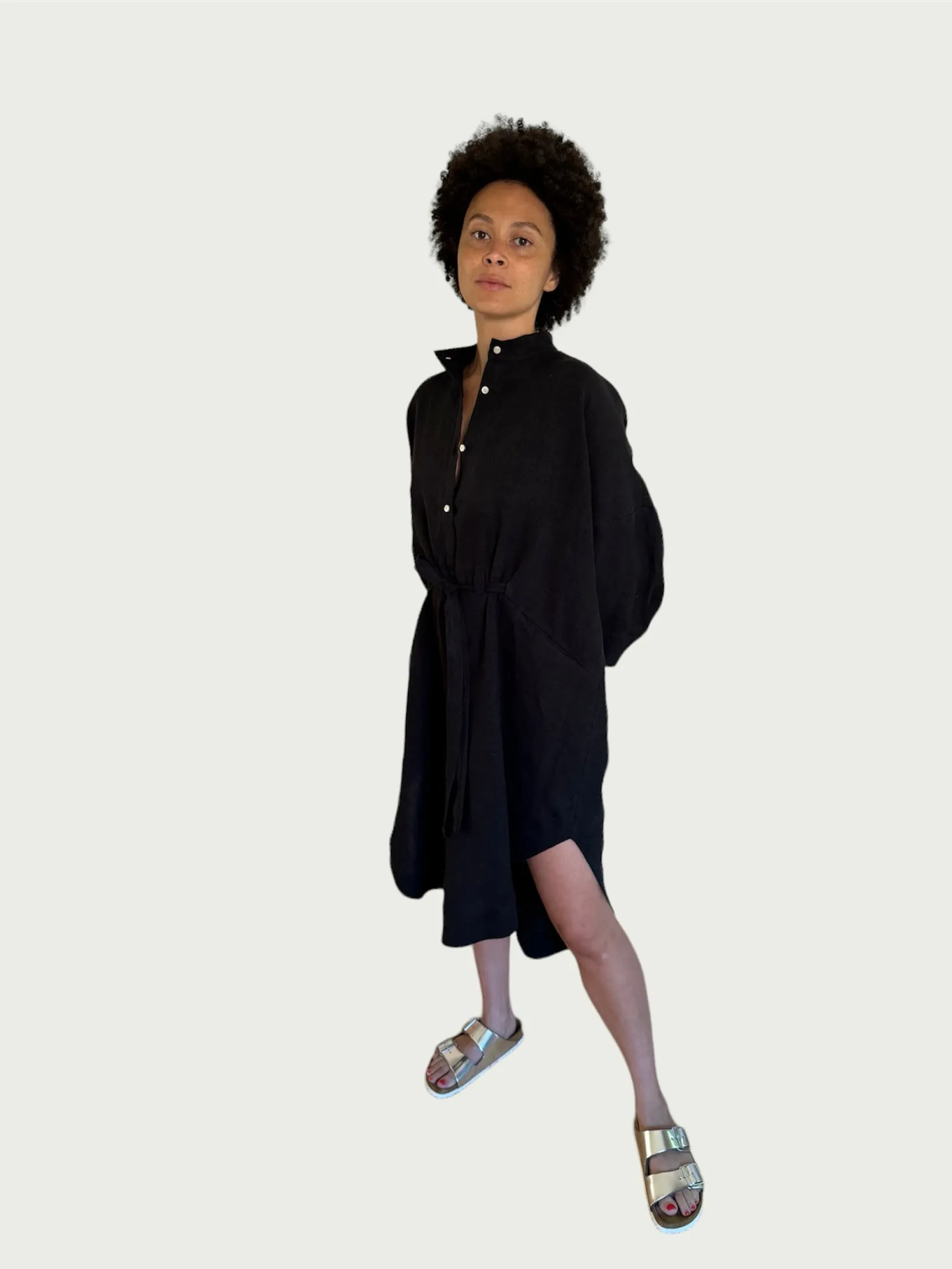 Linen Midi Shirt Dress in Black