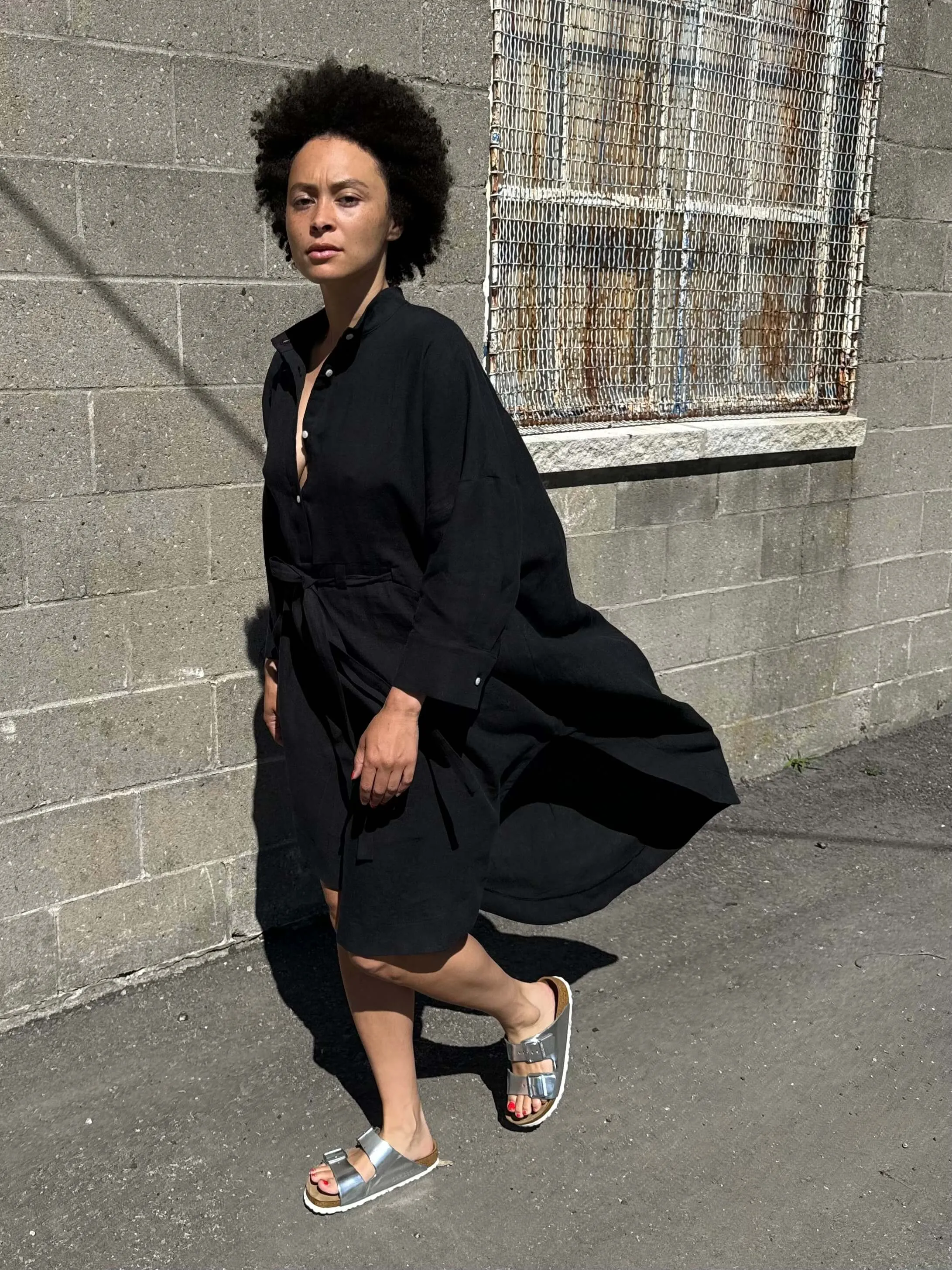 Linen Midi Shirt Dress in Black