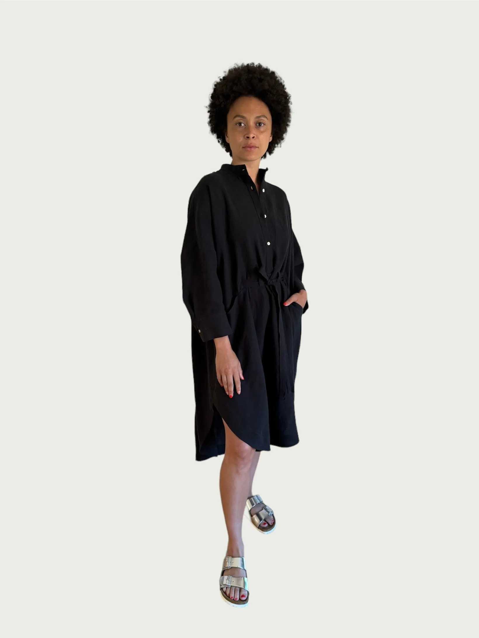 Linen Midi Shirt Dress in Black