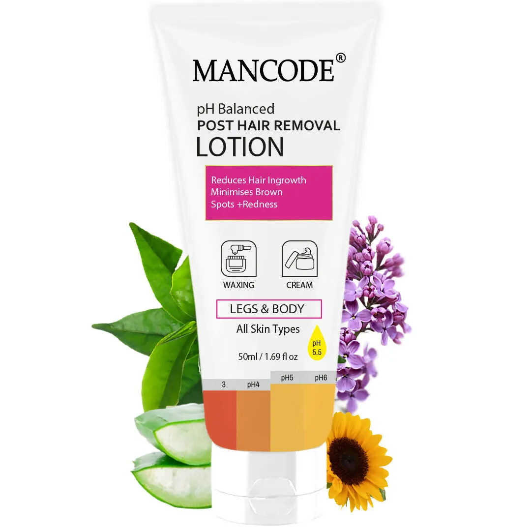 Mancode PH Balanced Post Hair Removal Lotion for Women & Men - 50ml | Reduces Ingrown Hairs, Minimises Brown Spots & Redness | Ideal After Waxing & Hair Removal Cream | Suitable for All Skin Types