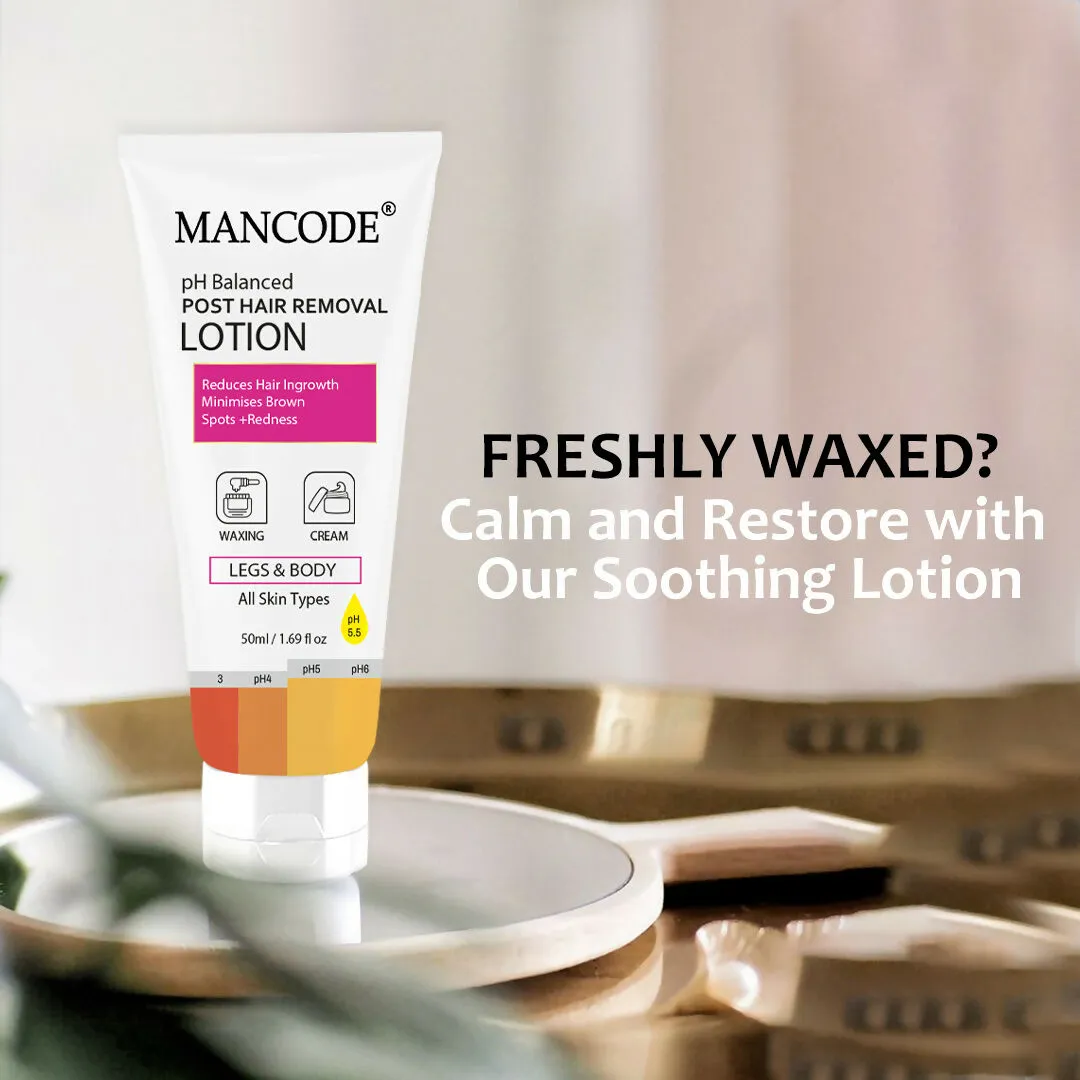 Mancode PH Balanced Post Hair Removal Lotion for Women & Men - 50ml | Reduces Ingrown Hairs, Minimises Brown Spots & Redness | Ideal After Waxing & Hair Removal Cream | Suitable for All Skin Types