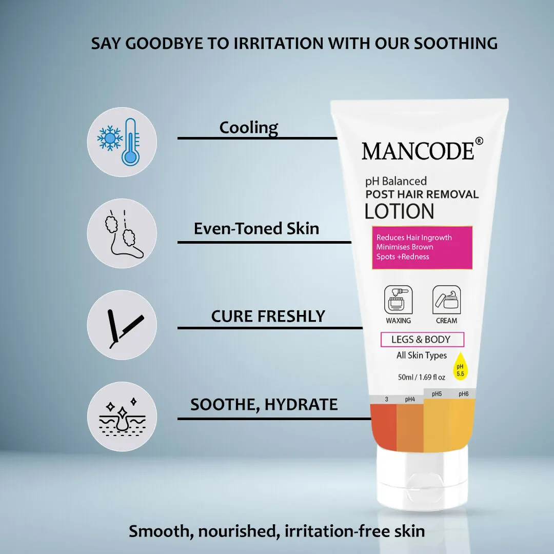 Mancode PH Balanced Post Hair Removal Lotion for Women & Men - 50ml | Reduces Ingrown Hairs, Minimises Brown Spots & Redness | Ideal After Waxing & Hair Removal Cream | Suitable for All Skin Types