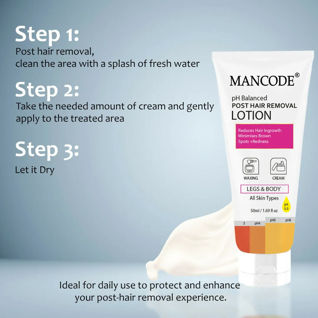 Mancode PH Balanced Post Hair Removal Lotion for Women & Men - 50ml | Reduces Ingrown Hairs, Minimises Brown Spots & Redness | Ideal After Waxing & Hair Removal Cream | Suitable for All Skin Types