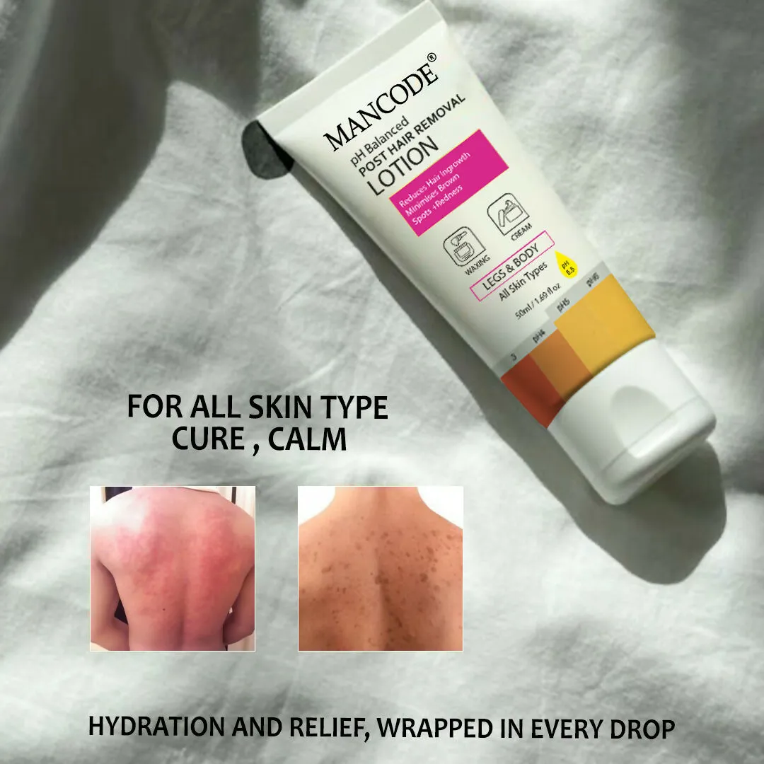 Mancode PH Balanced Post Hair Removal Lotion for Women & Men - 50ml | Reduces Ingrown Hairs, Minimises Brown Spots & Redness | Ideal After Waxing & Hair Removal Cream | Suitable for All Skin Types