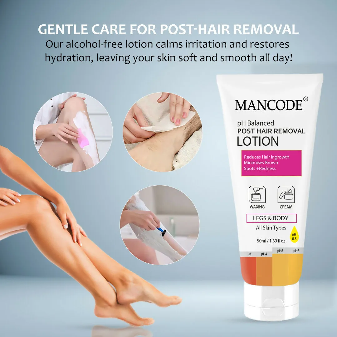 Mancode PH Balanced Post Hair Removal Lotion for Women & Men - 50ml | Reduces Ingrown Hairs, Minimises Brown Spots & Redness | Ideal After Waxing & Hair Removal Cream | Suitable for All Skin Types
