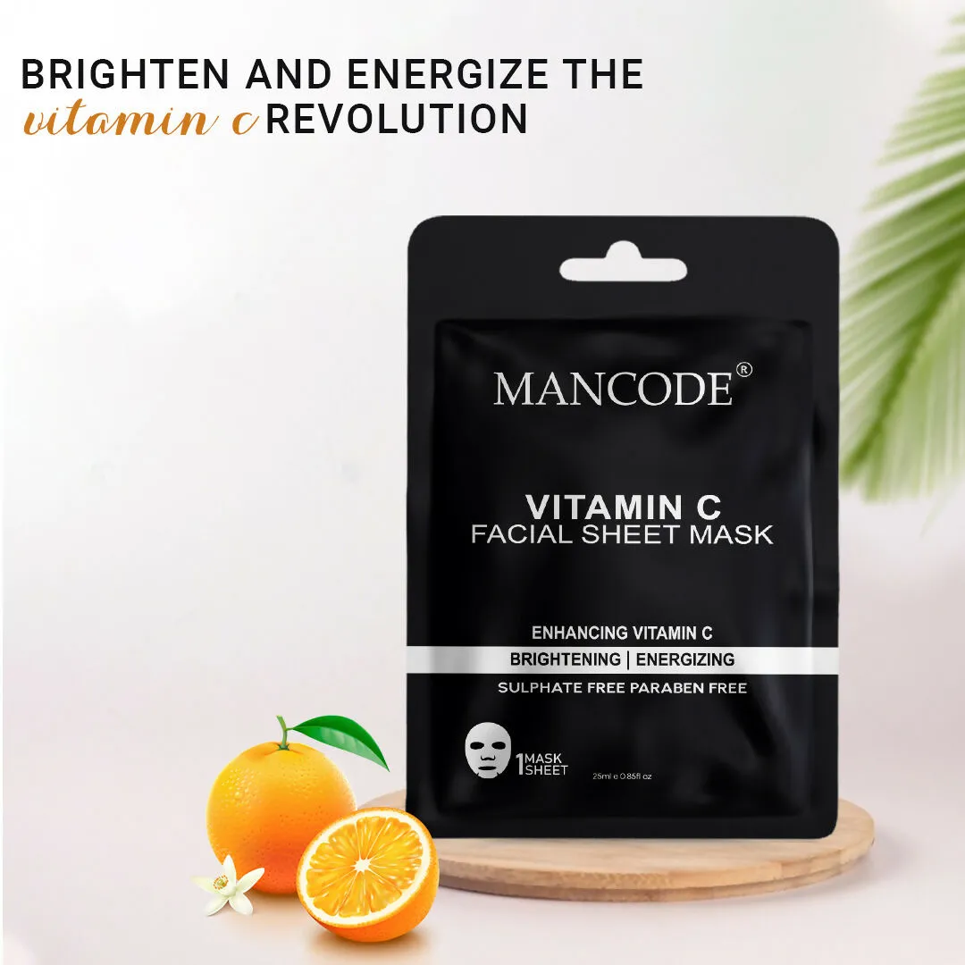 Mancode Vitamin C Facial Sheet Mask 25ml Enhancing Vitamin C Brightening Energizing Pore Reducing, Brightening and Enhances Daily Glow | Korean Sheet Mask for Men Women Sheet Mask - 25ml